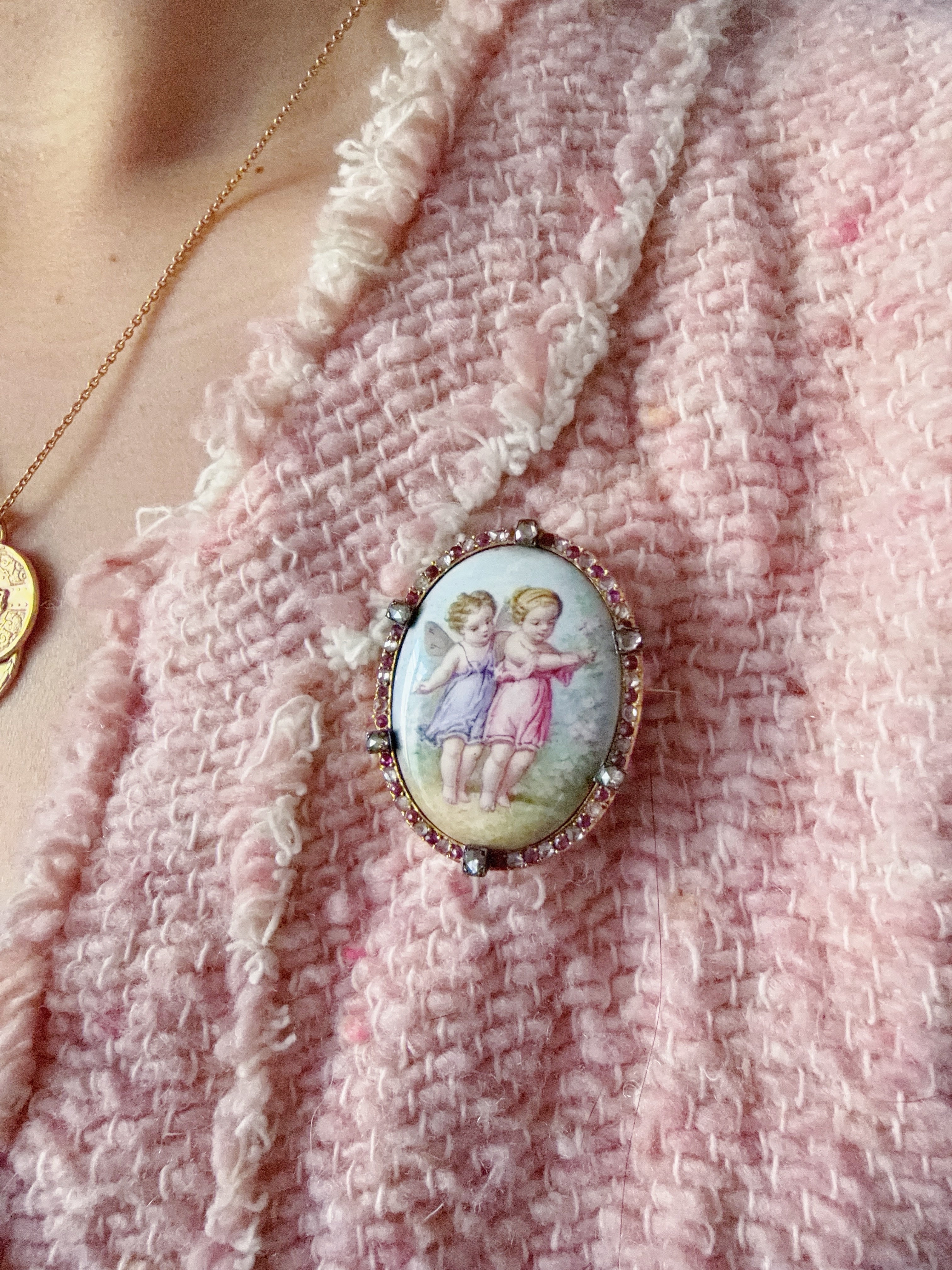 Victorian era 18K gold ruby diamond cherub miniature brooch