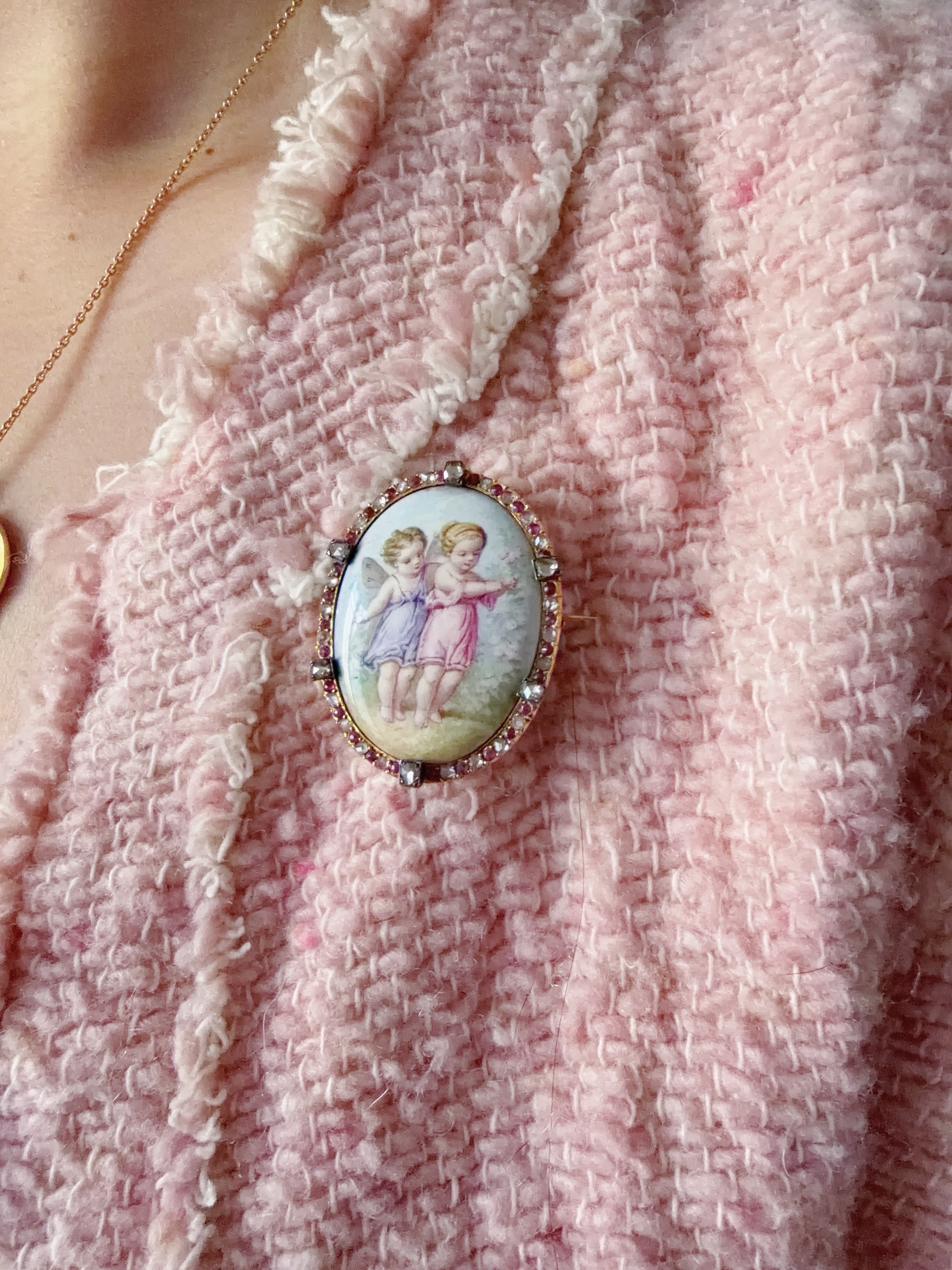 Victorian era 18K gold ruby diamond cherub miniature brooch