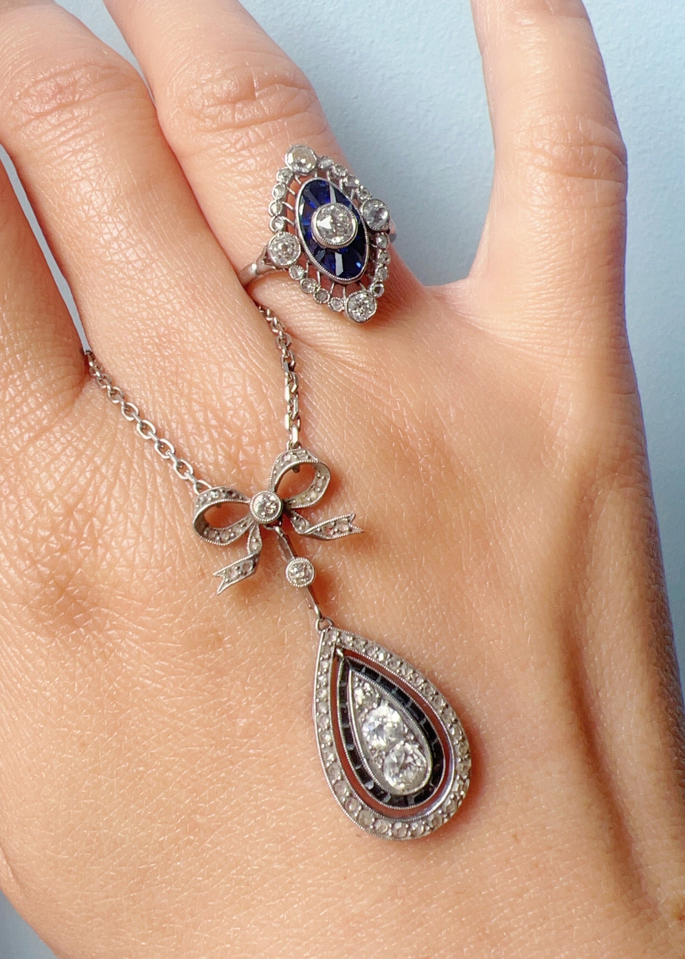 French Edwardian 18K White Gold Platinum Diamond & Sapphire Ring and necklace