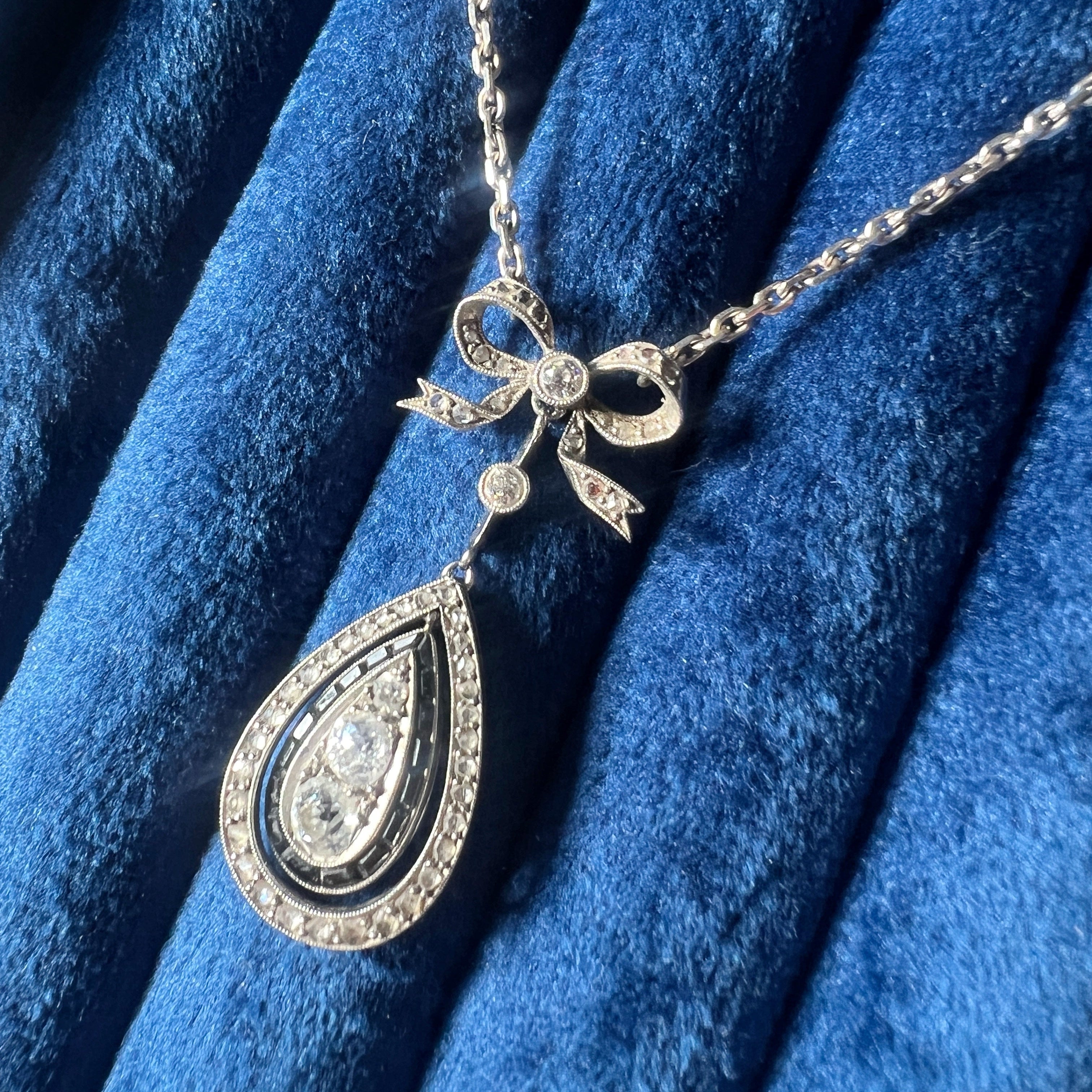 Edwardian Era French 18K White Gold & Platinum Diamond & Sapphire Bow Necklace