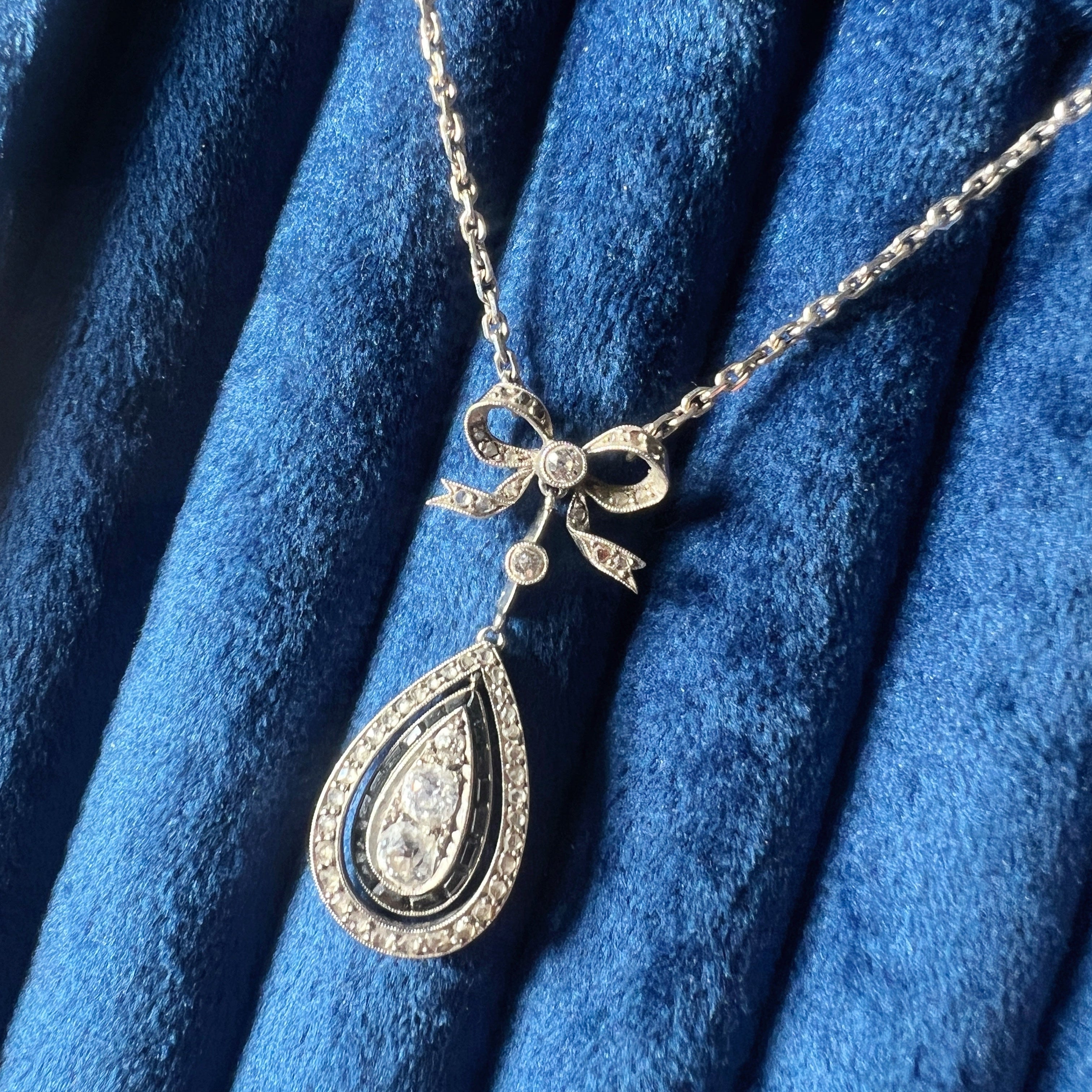 Edwardian Era French 18K White Gold & Platinum Diamond & Sapphire Bow Necklace