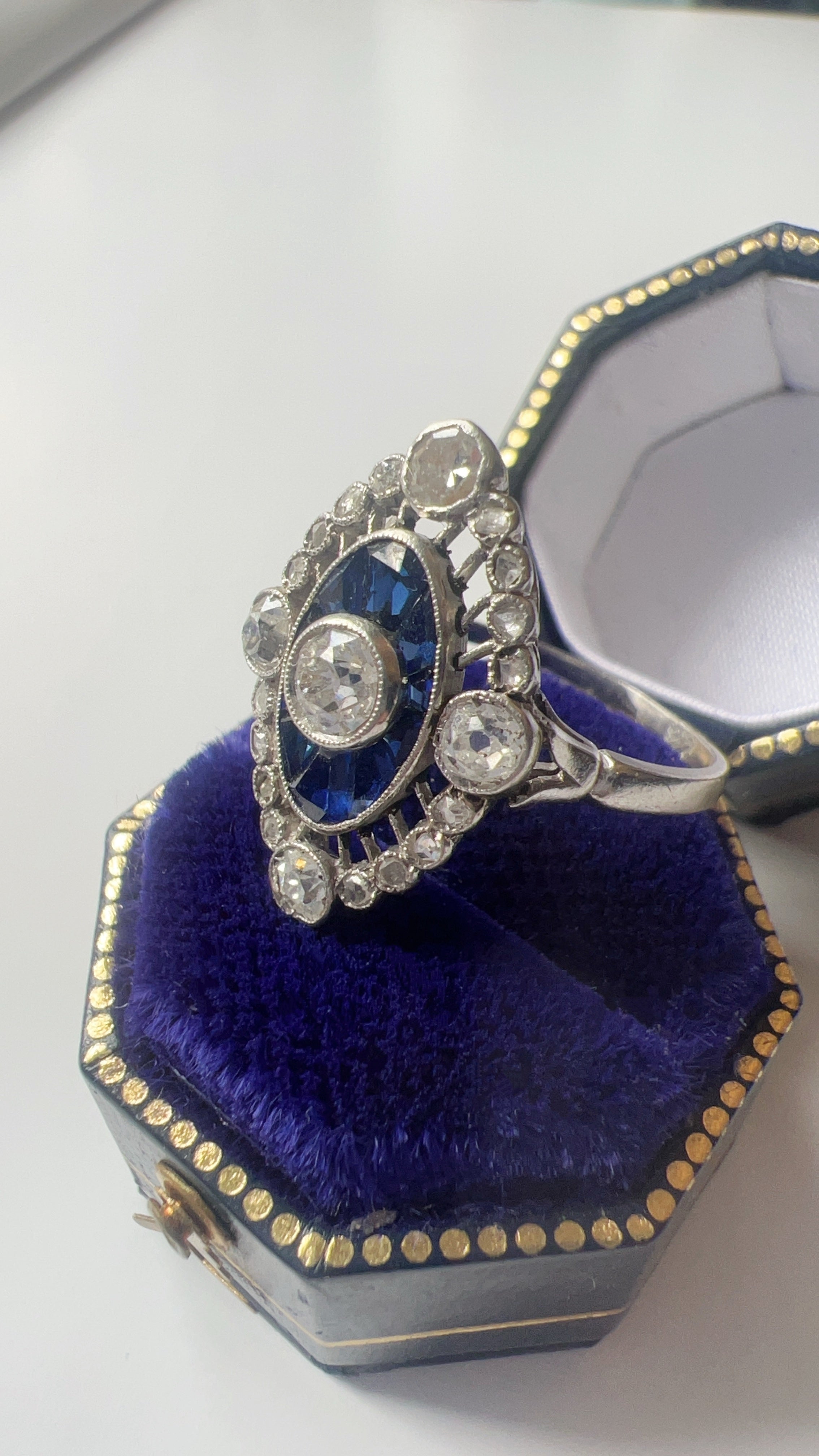 French Edwardian 18K White Gold Platinum Diamond & Sapphire Ring