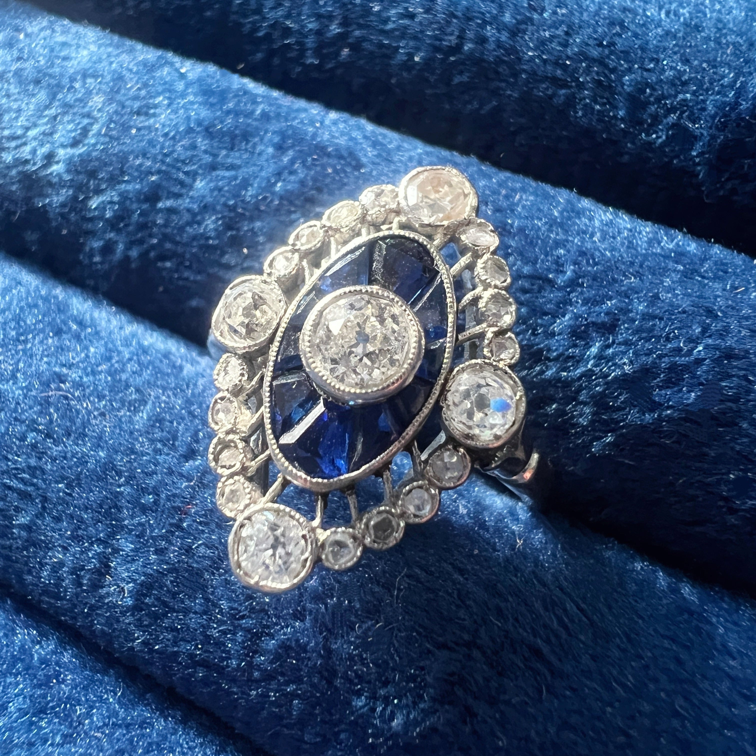 French Edwardian 18K White Gold Platinum Diamond & Sapphire Ring