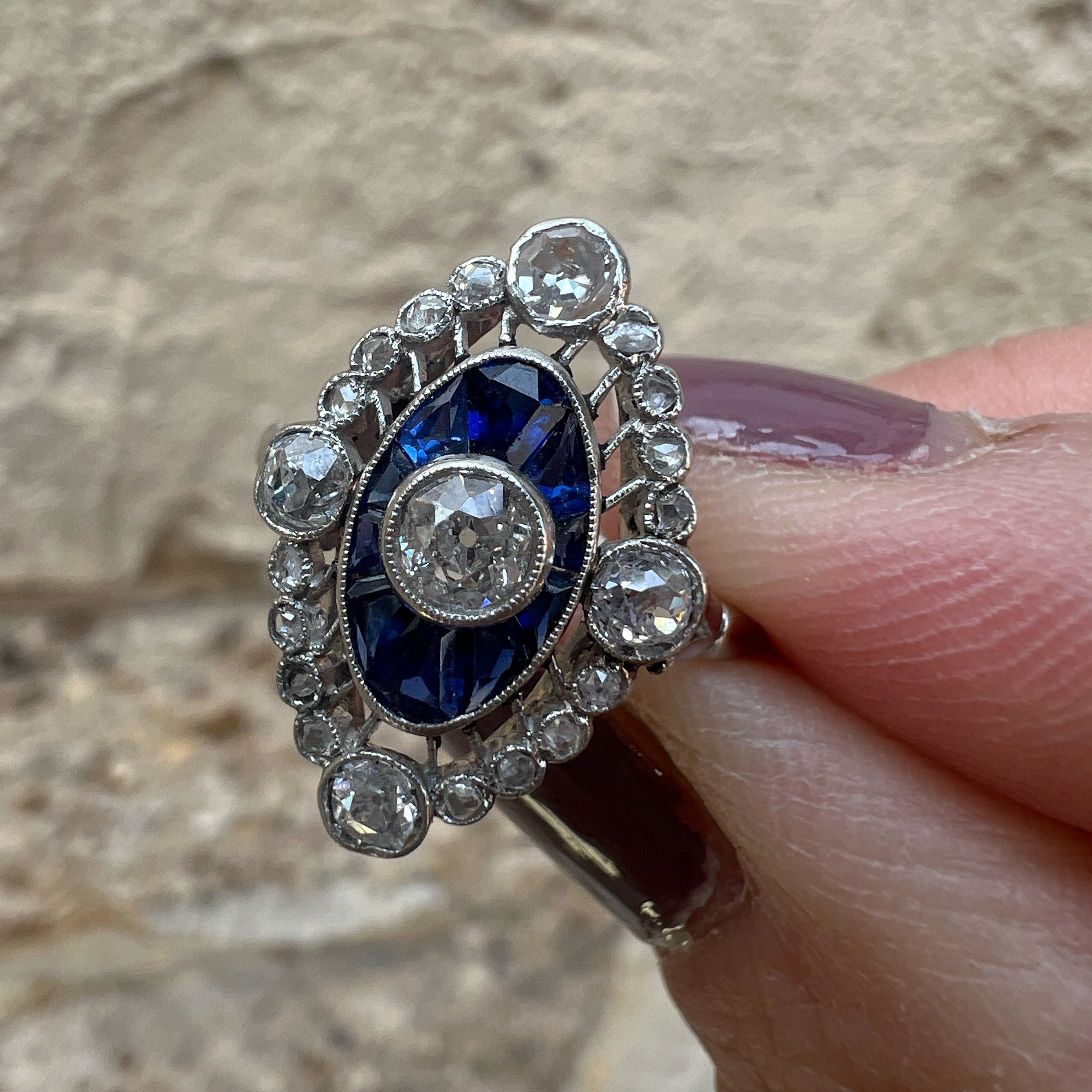 French Edwardian 18K White Gold Platinum Diamond & Sapphire Ring
