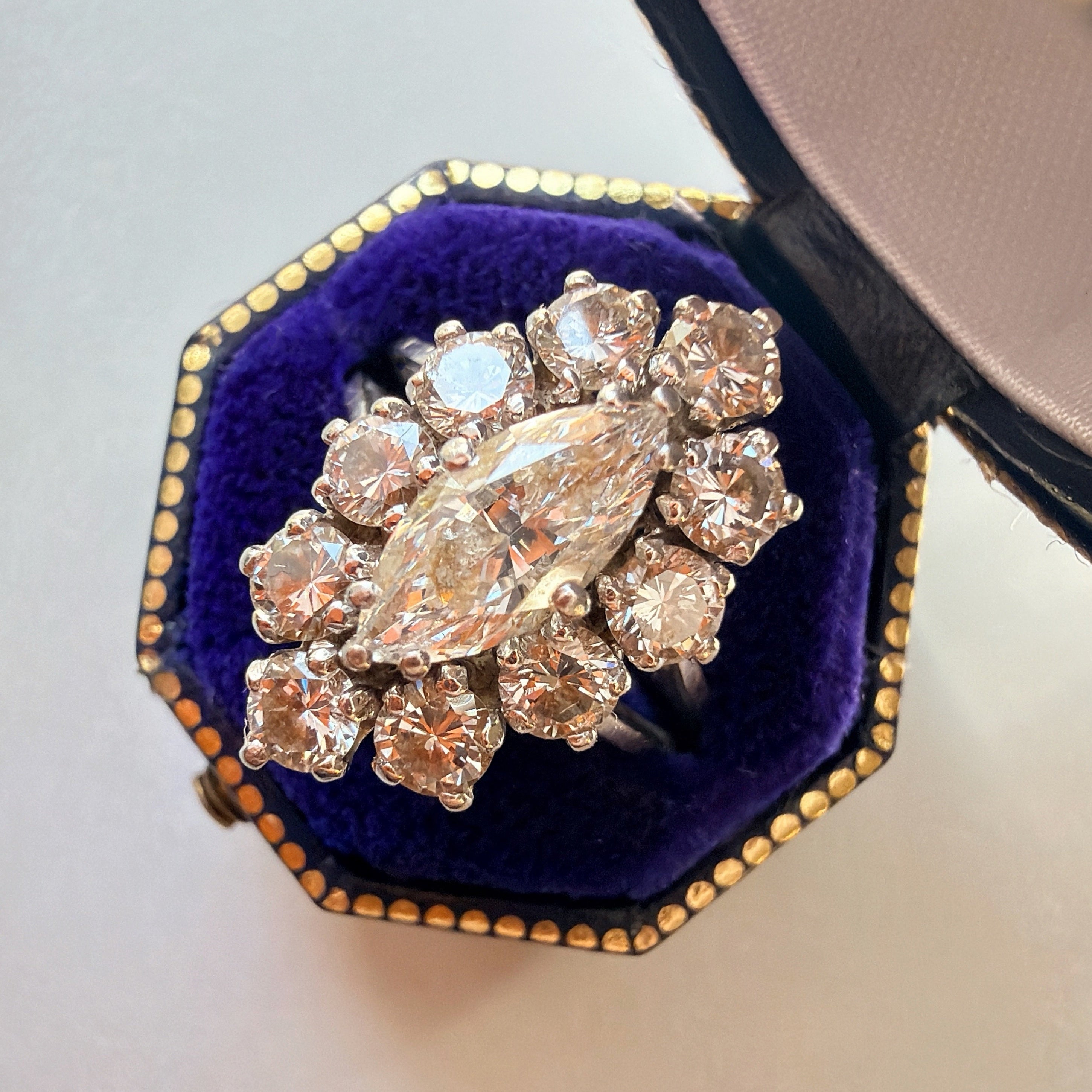 French vintage 18K gold platinum marquise diamond ring