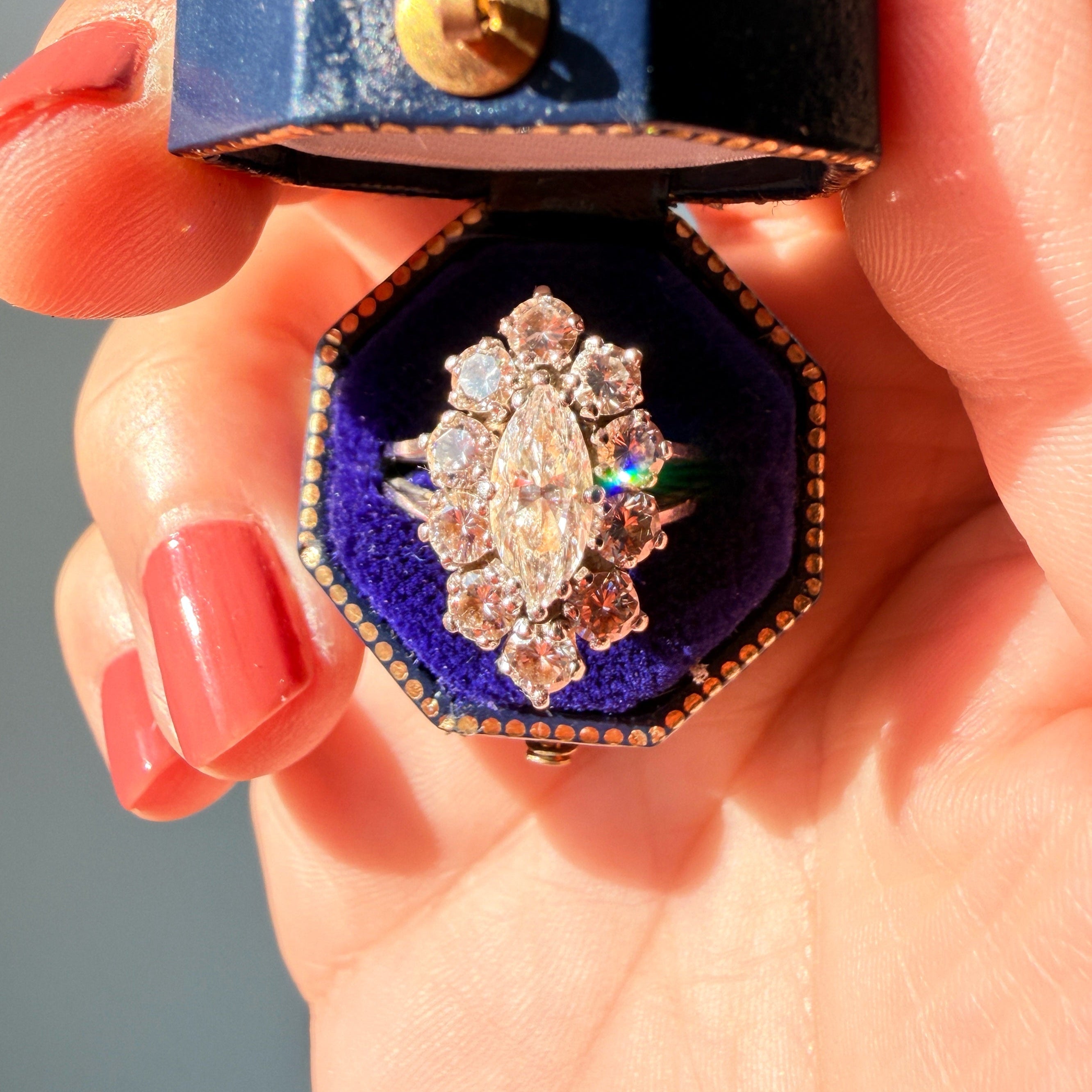 French vintage 18K gold platinum marquise diamond ring