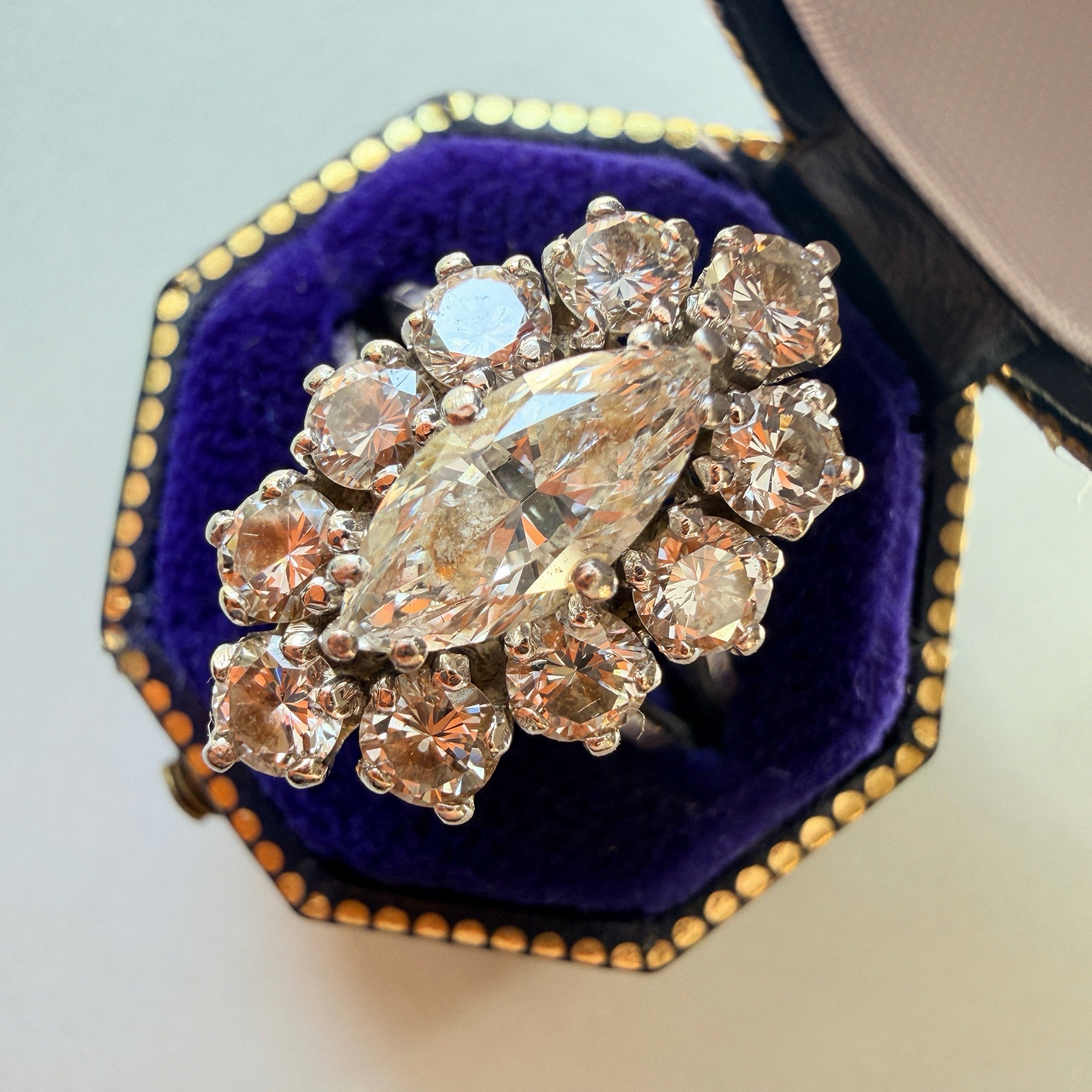 French vintage 18K gold platinum marquise diamond ring