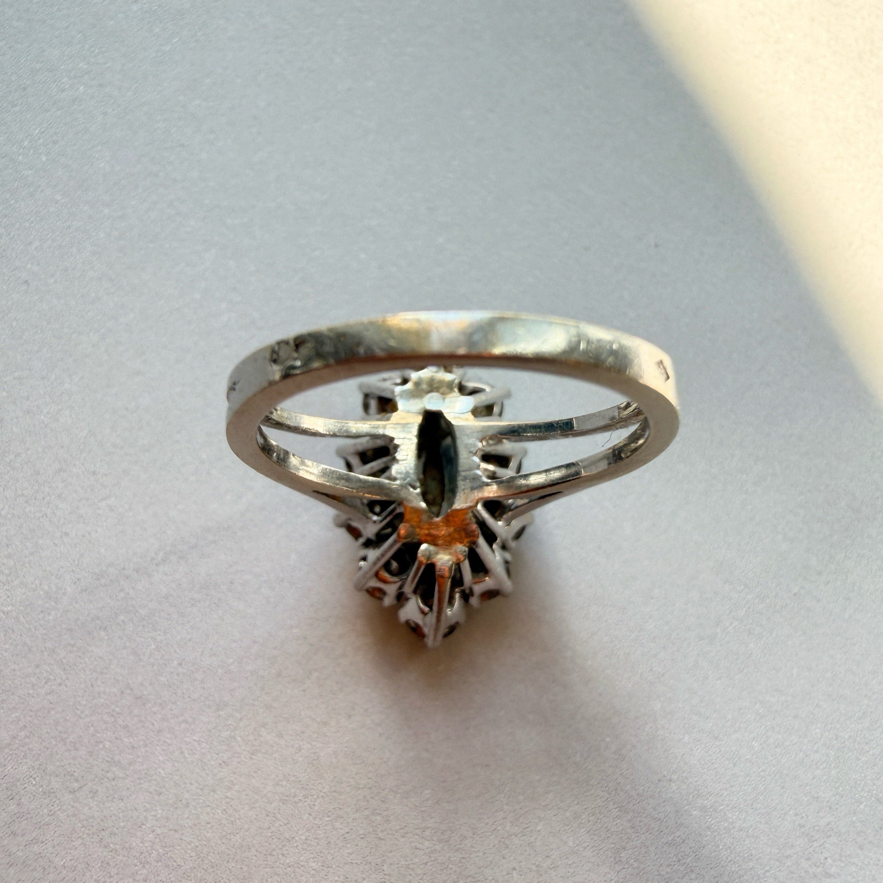 French vintage 18K gold platinum marquise diamond ring