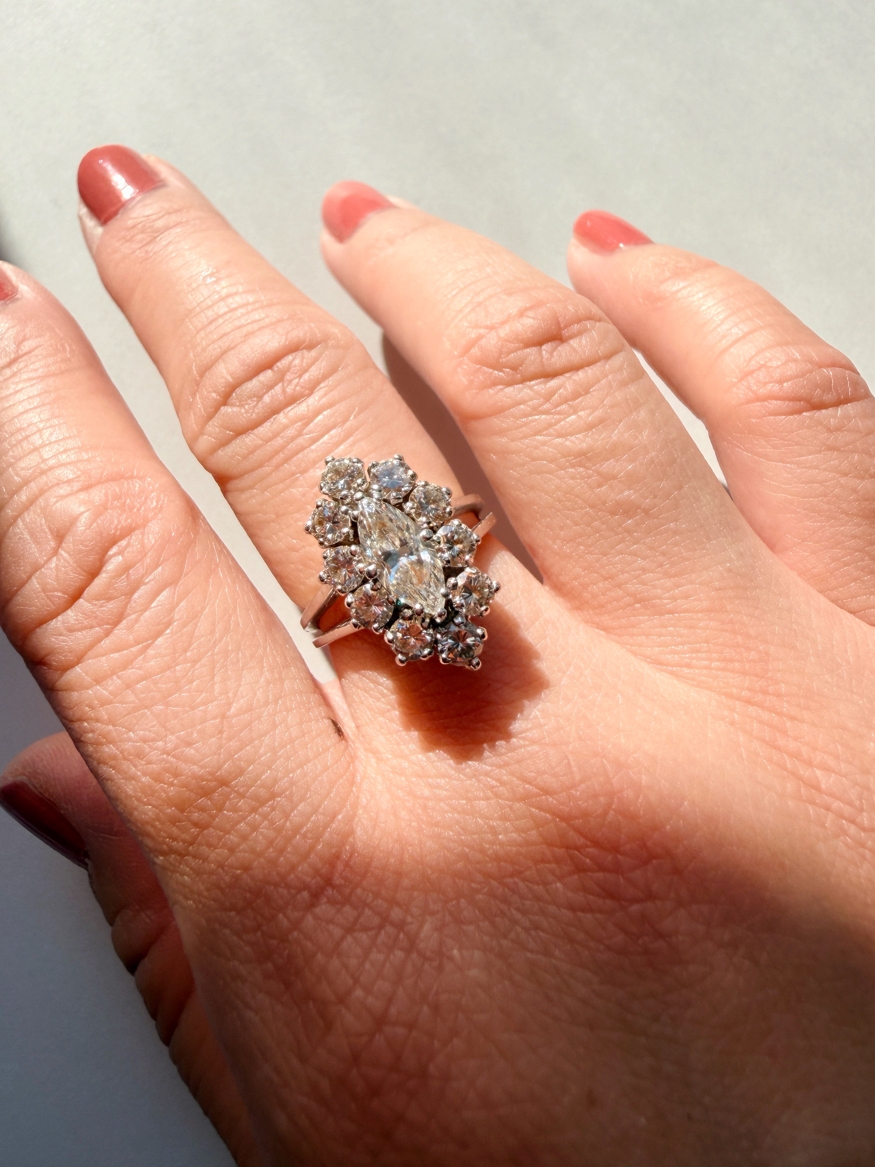 French vintage 18K gold platinum marquise diamond ring