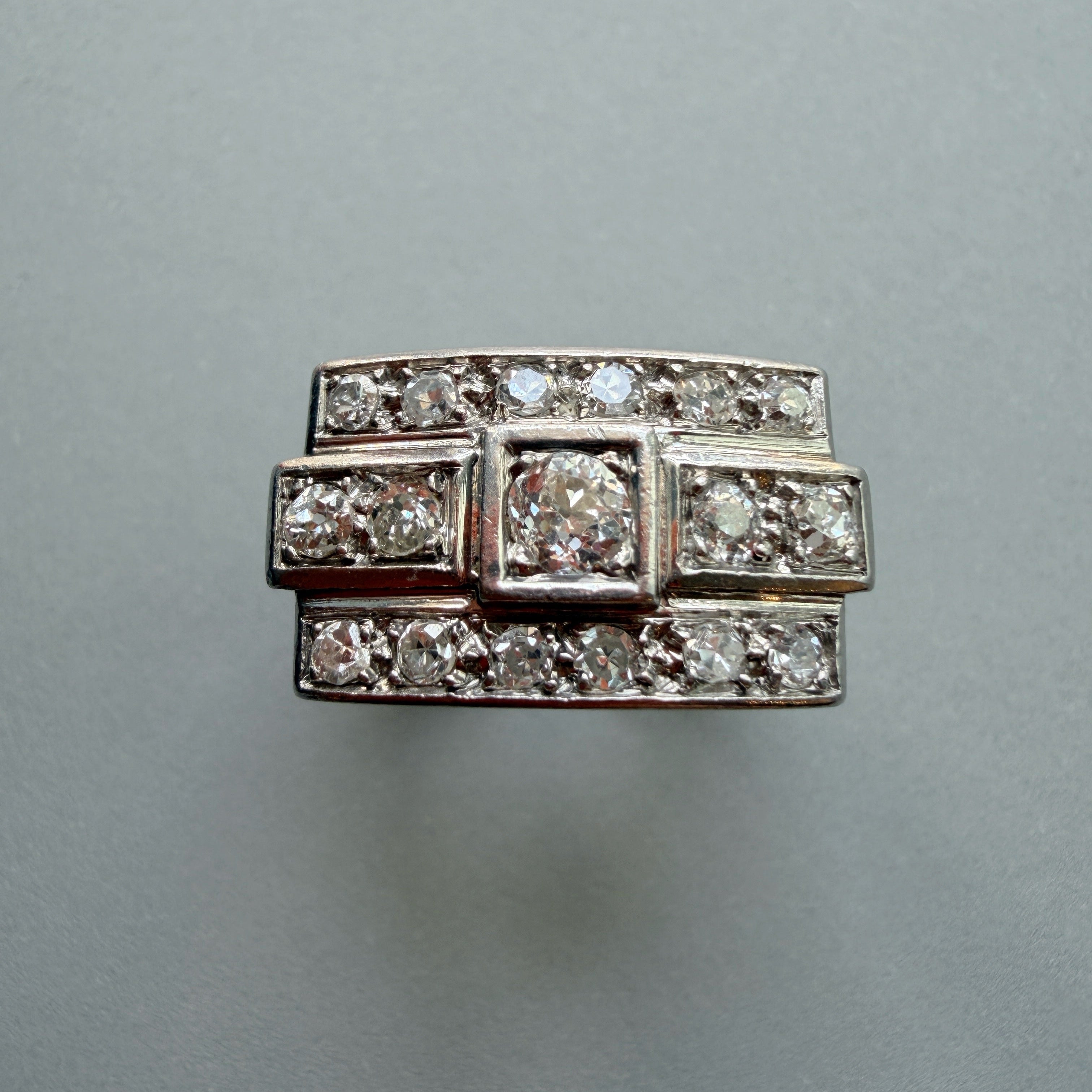 1940s French 18K white gold diamond tank ring