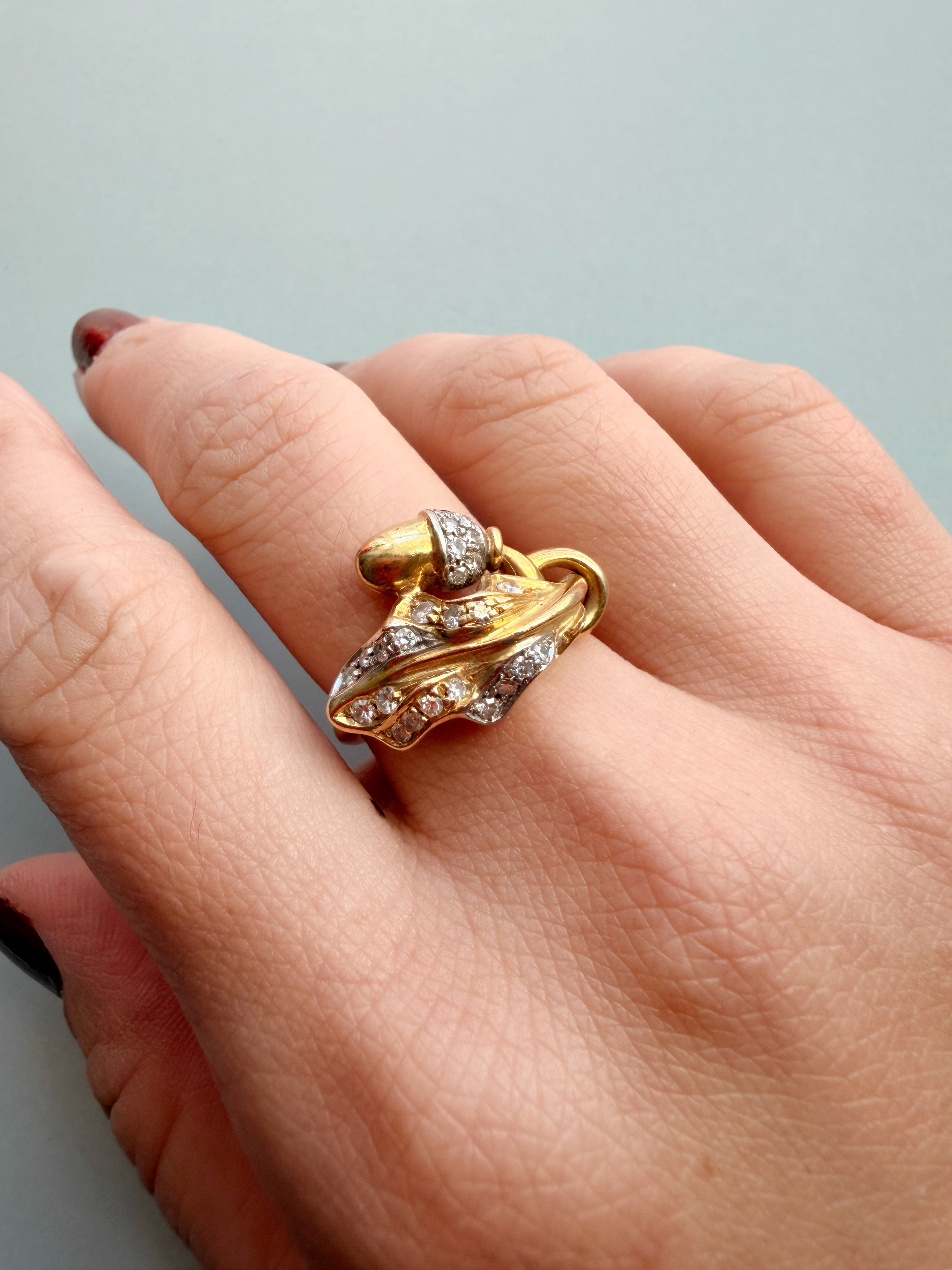 Art Nouveau 18K Yellow Gold Diamond Acorn & Foliage Ring 