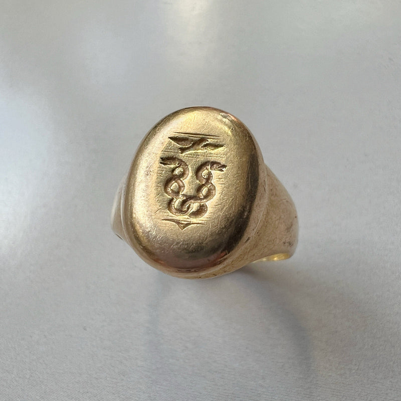 Antique 18K gold snakes and eagle signet ring