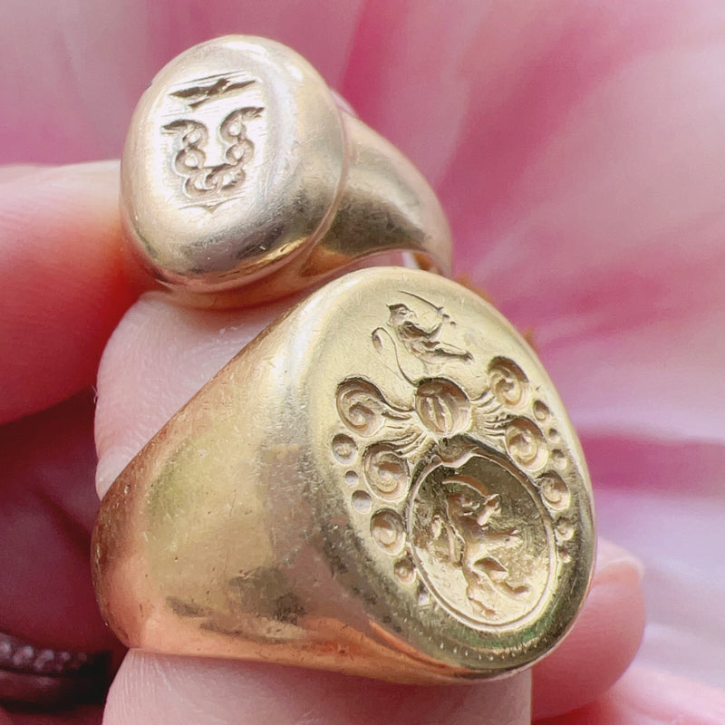 Antique 18K gold lion and sword signet ring