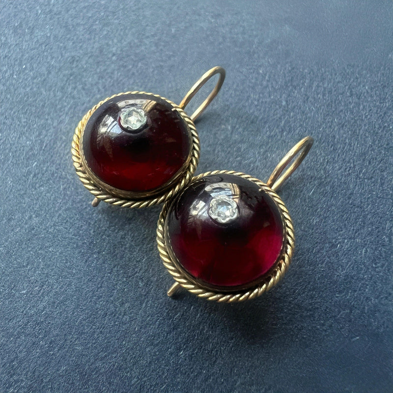 Victorian era 18K gold garnet cabochon diamond earrings