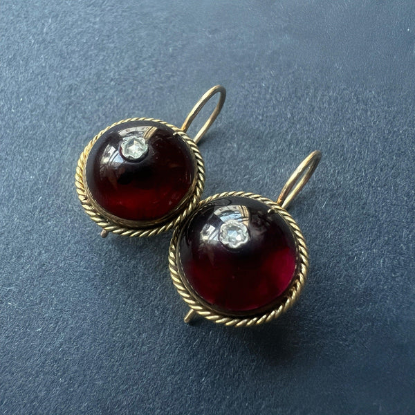 Victorian era 18K gold garnet cabochon diamond earrings