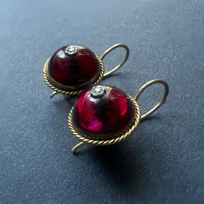 Victorian era 18K gold garnet cabochon diamond earrings