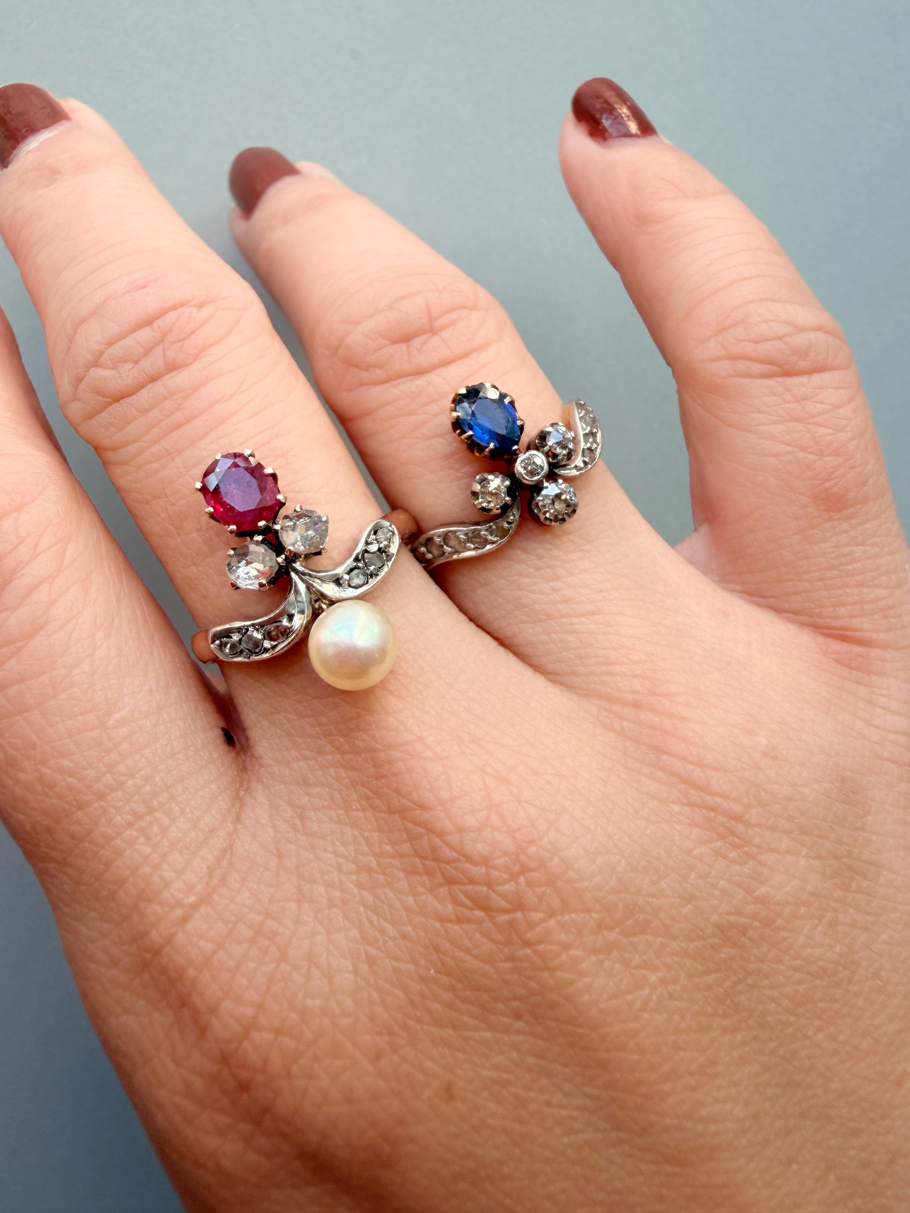 Victorian era 18K gold ruby pearl diamond duchess ring