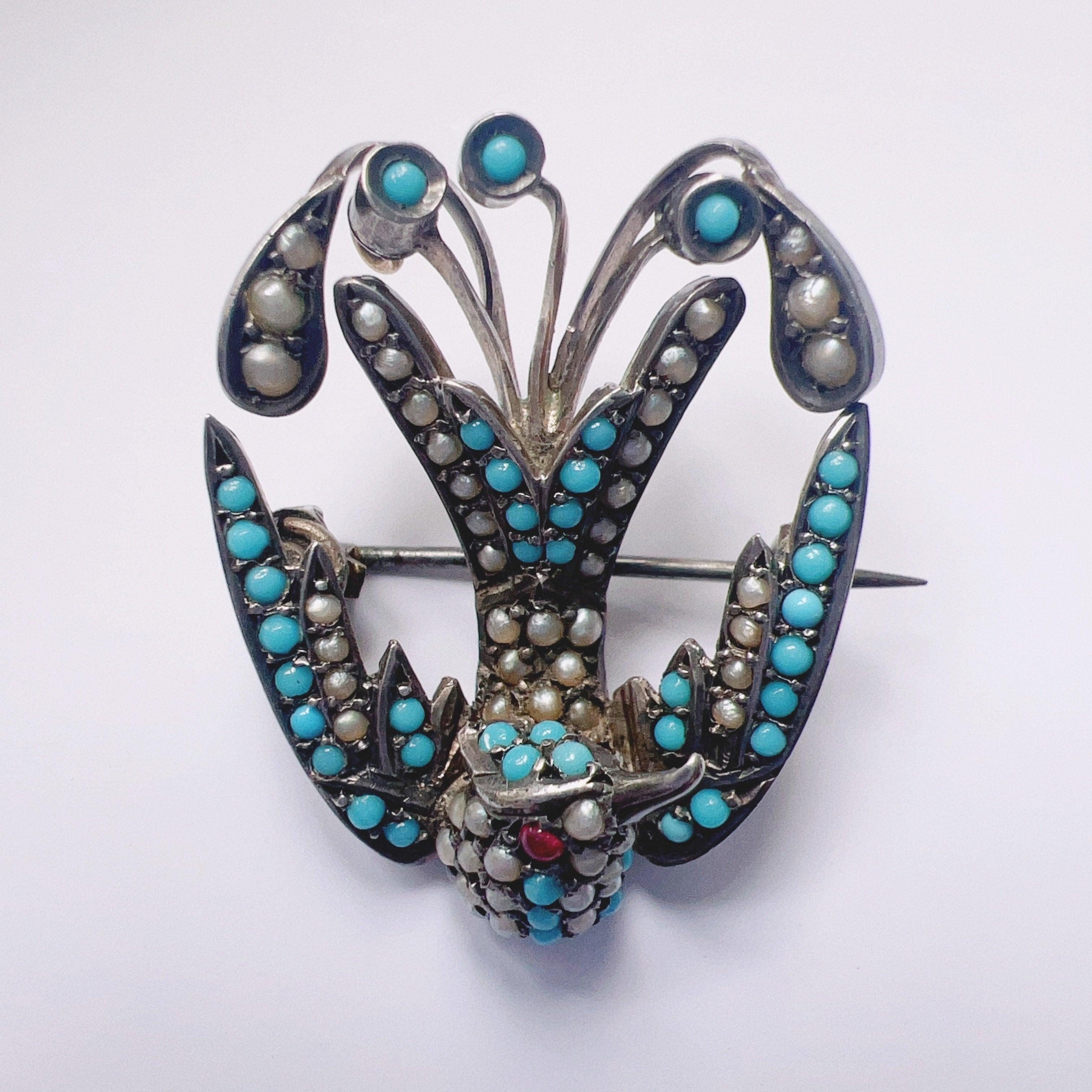 Victorian era turquoise pearl ruby swallow brooch - Curiously timeless