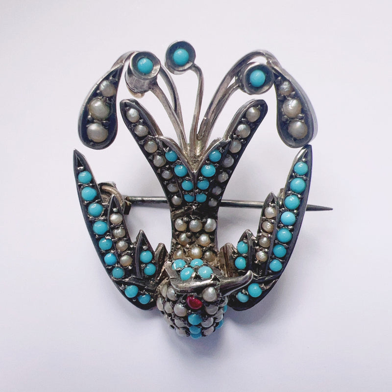 Victorian era turquoise pearl ruby swallow brooch