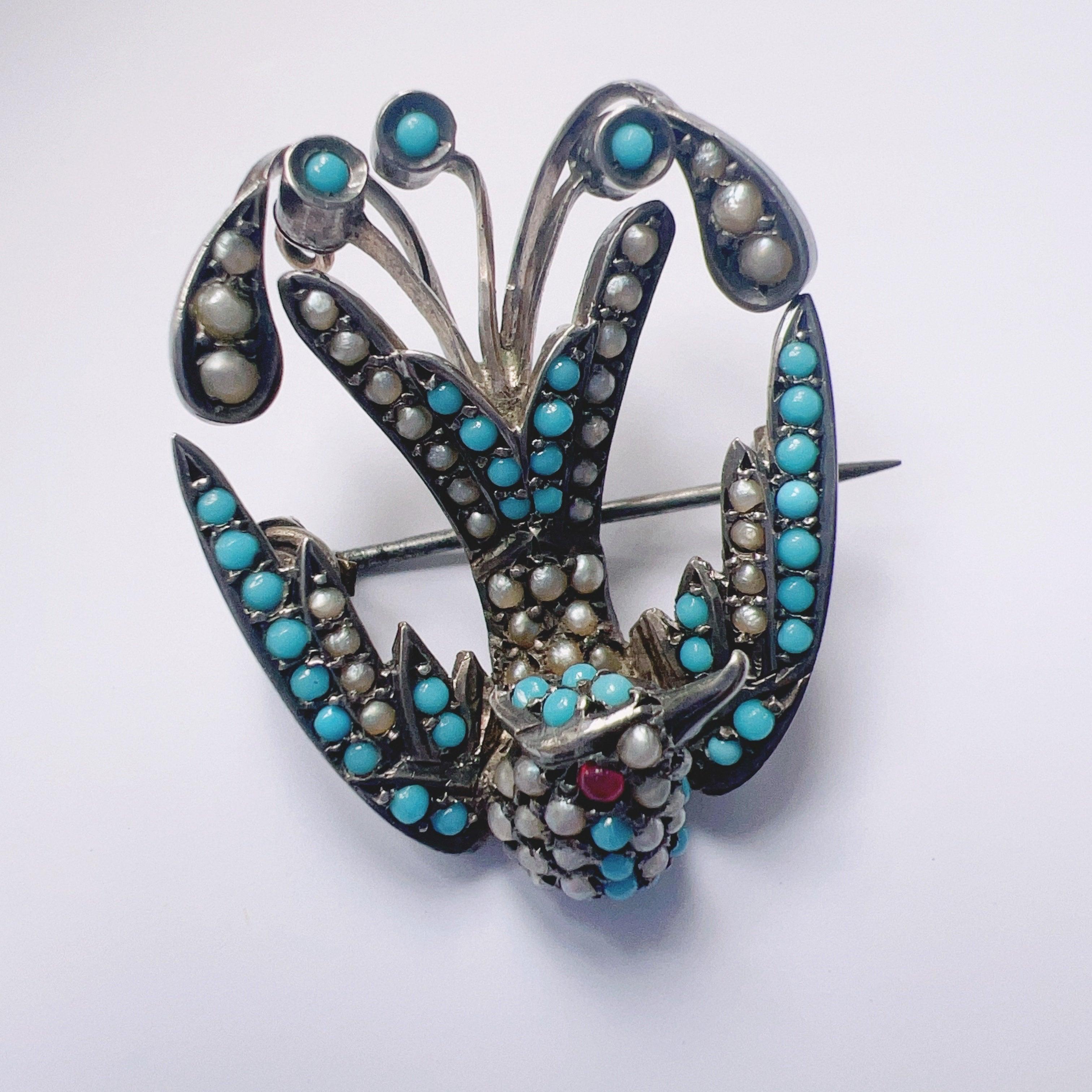 Victorian era turquoise pearl ruby swallow brooch - Curiously timeless