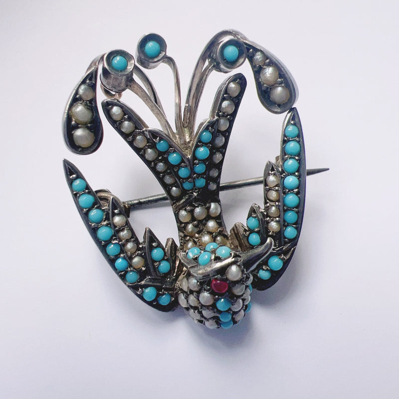 Victorian era turquoise pearl ruby swallow brooch