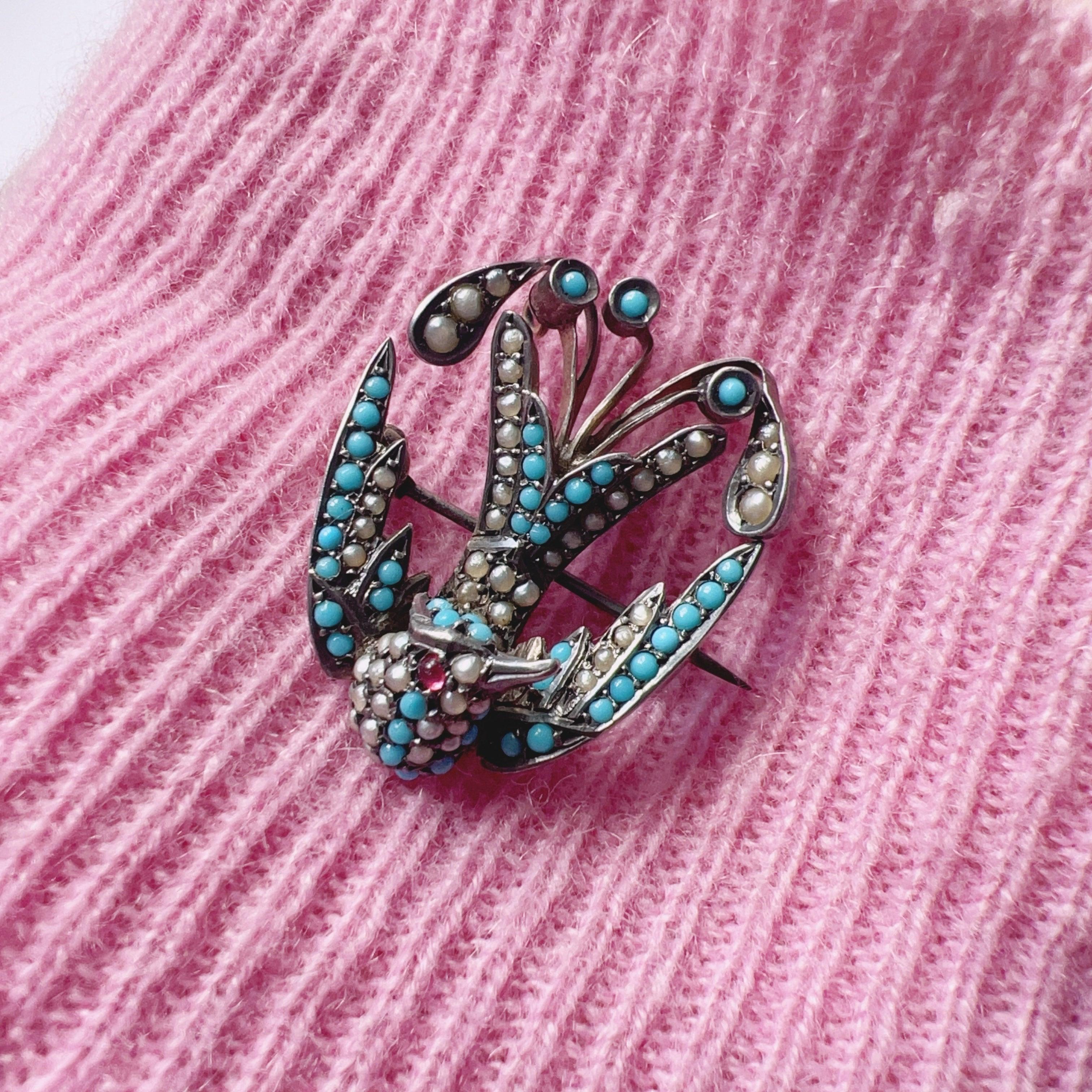 Victorian era turquoise pearl ruby swallow brooch - Curiously timeless