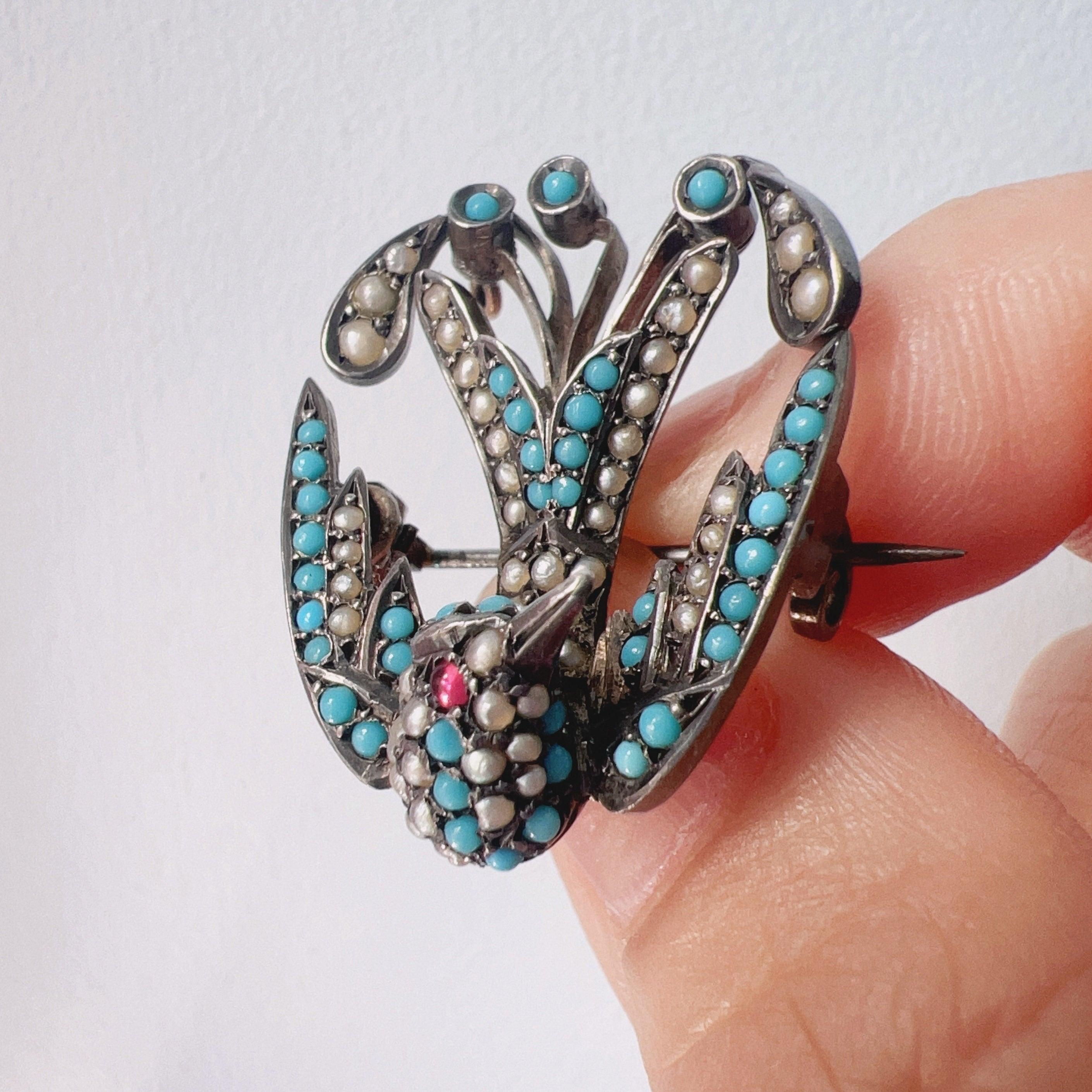 Victorian era turquoise pearl ruby swallow brooch - Curiously timeless