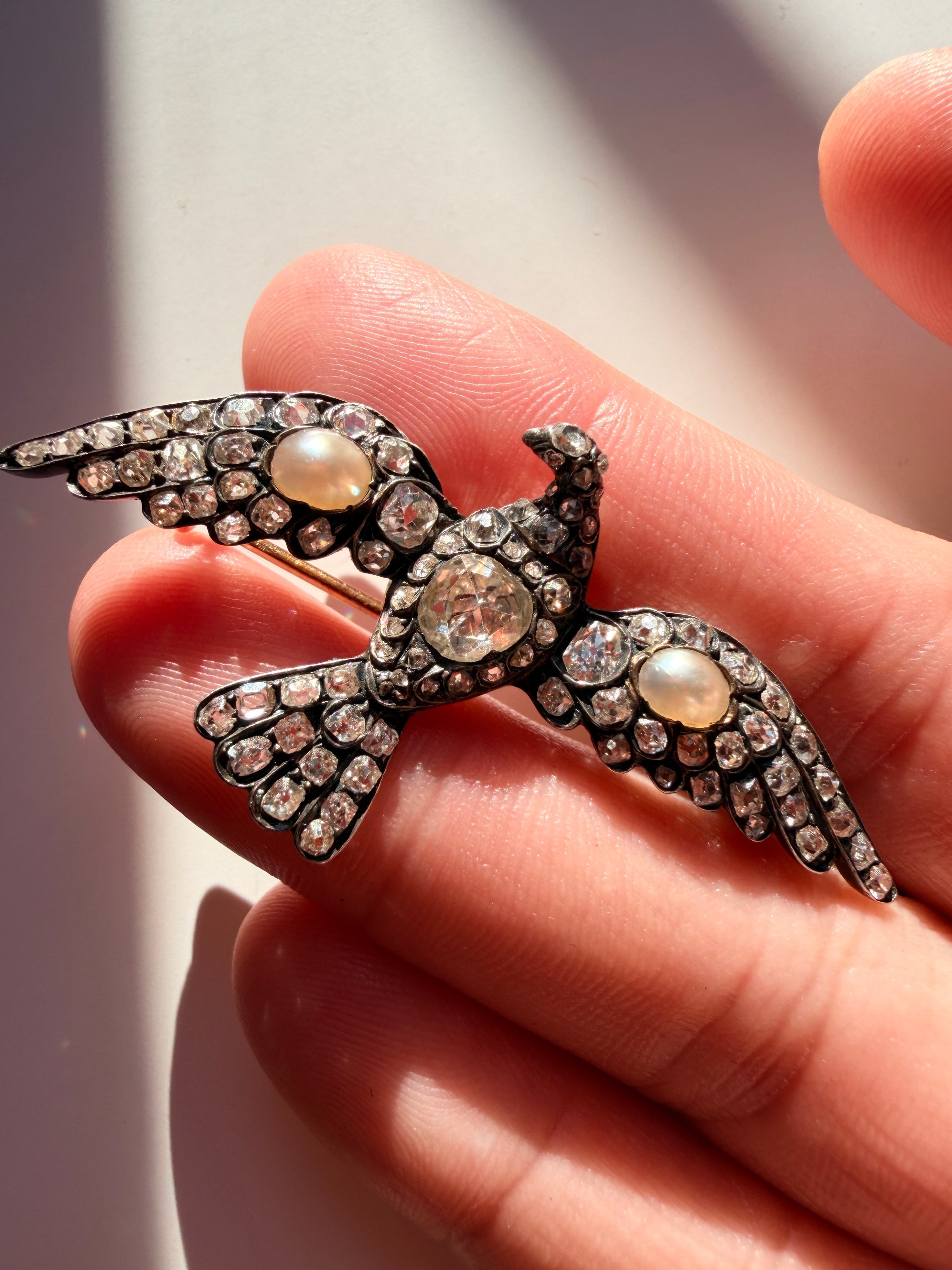 Victorian era 18K yellow gold diamond natural pearl bird brooch