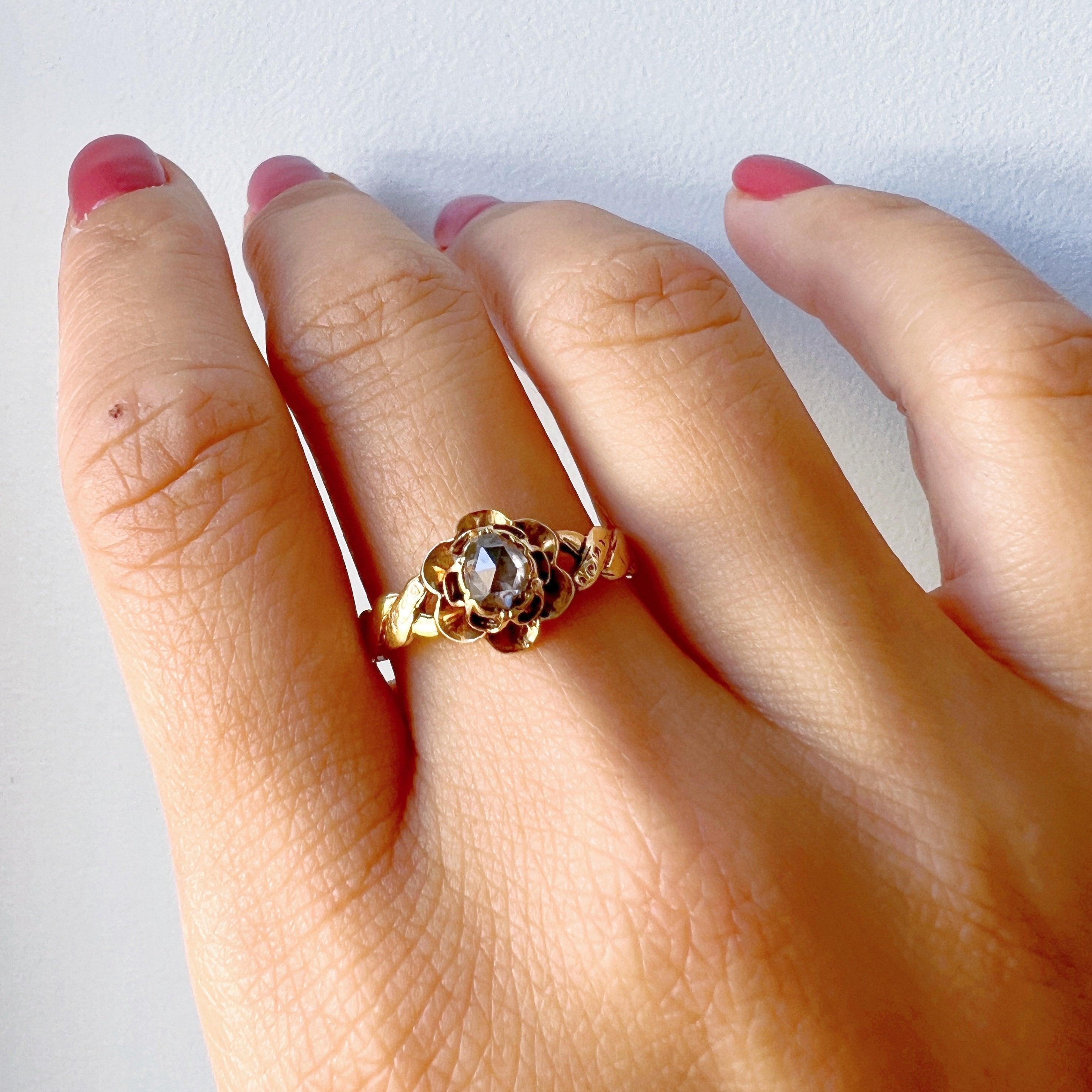 Victorian era 18K gold rose cut diamond rose flower ring - Curiously timeless