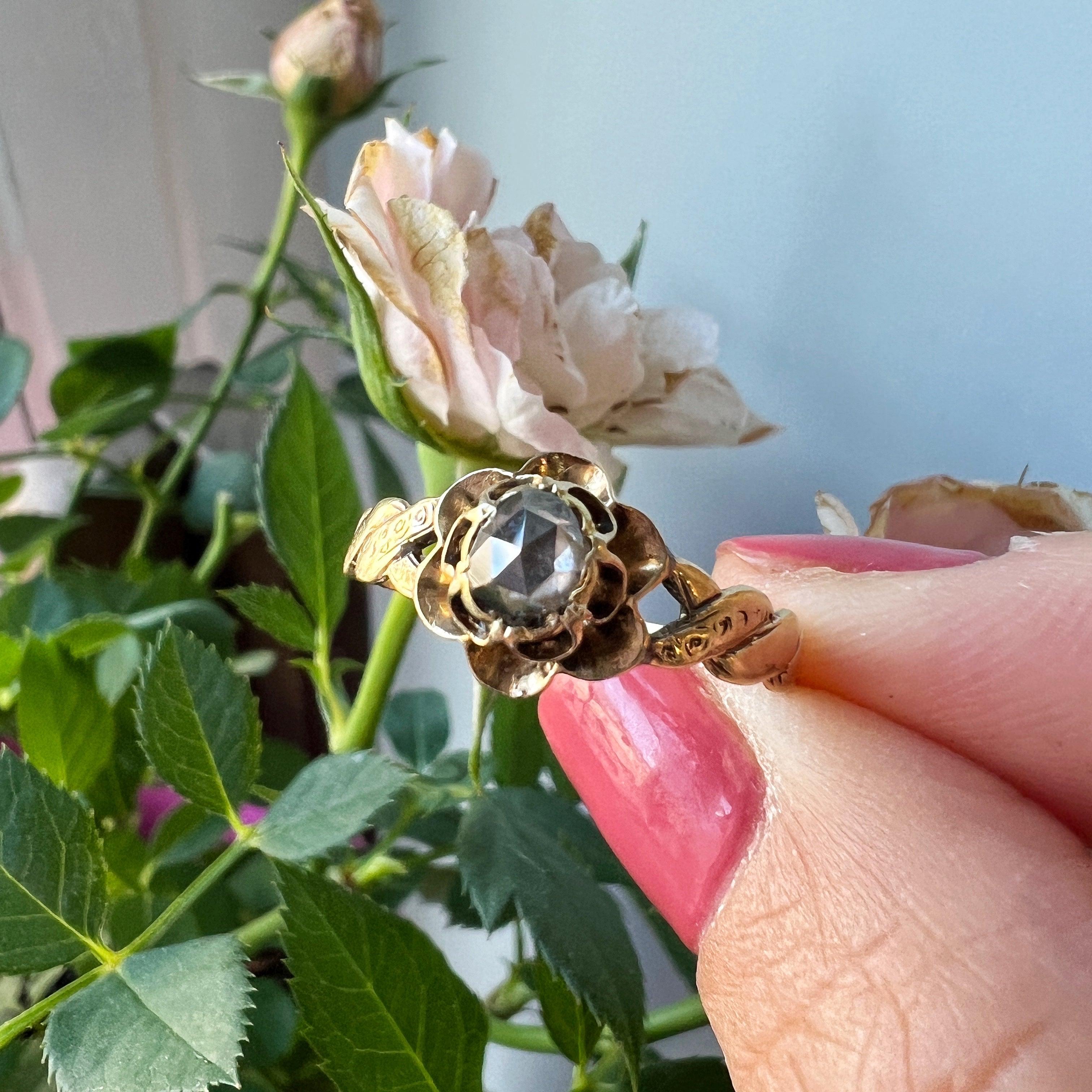 Victorian era 18K gold rose cut diamond rose flower ring - Curiously timeless