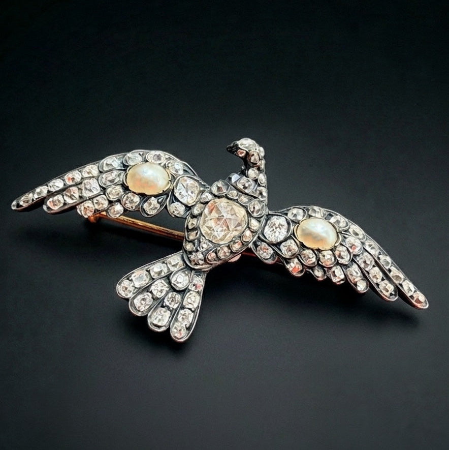 Victorian era 18K yellow gold diamond natural pearl bird brooch
