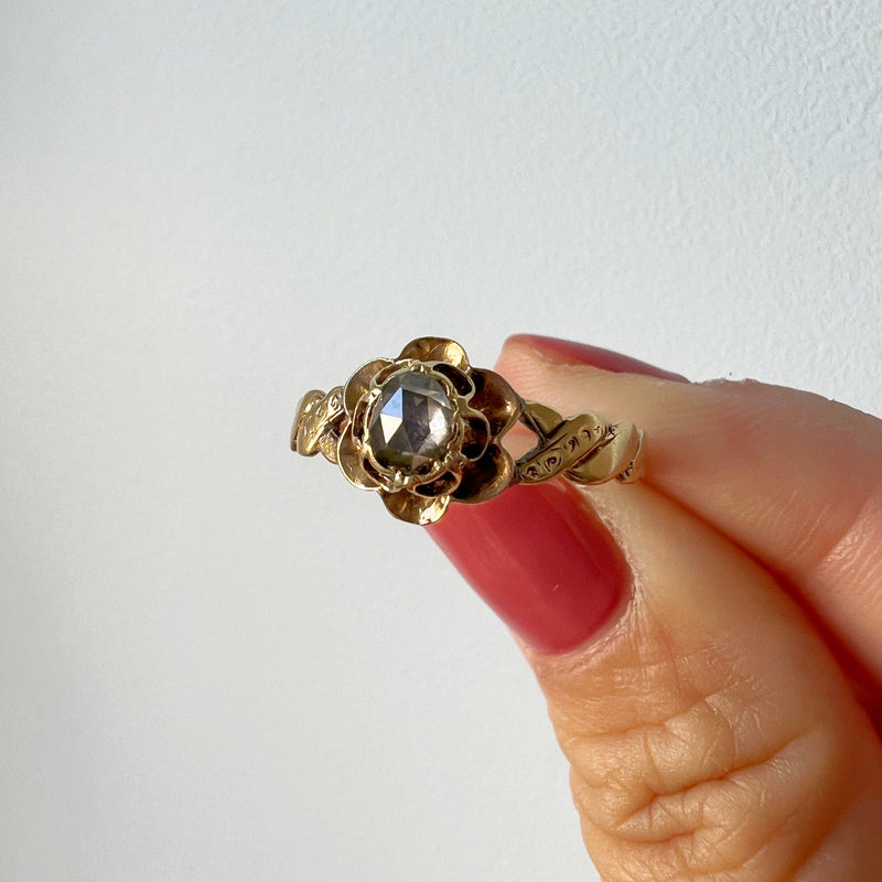 Victorian era 18K gold rose cut diamond rose flower ring