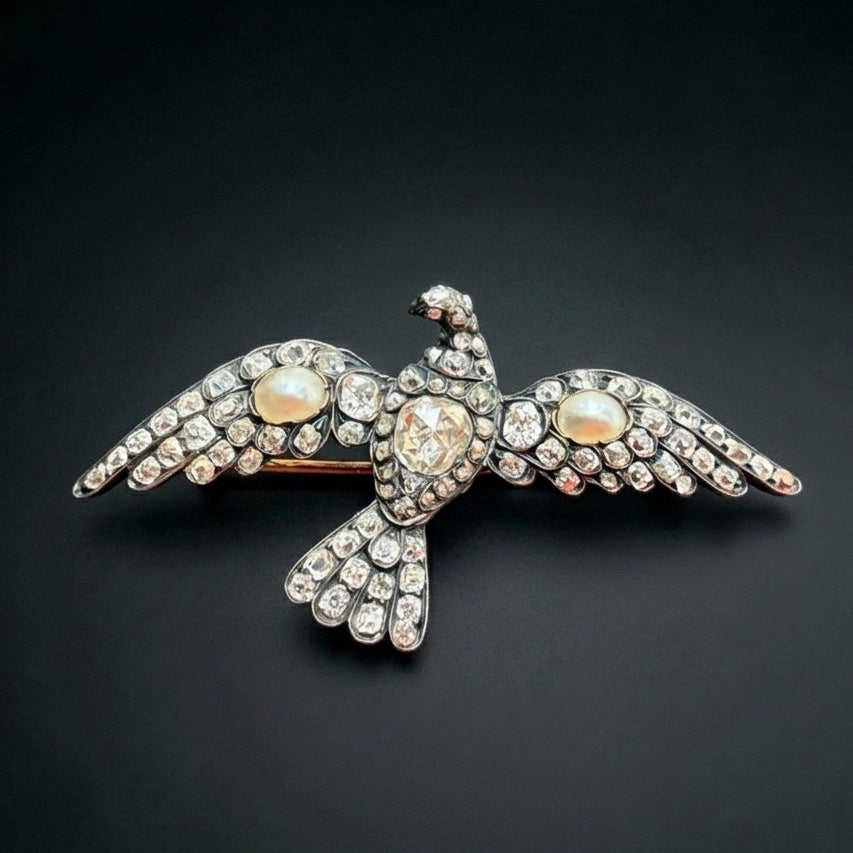 Victorian era 18K yellow gold diamond natural pearl bird brooch