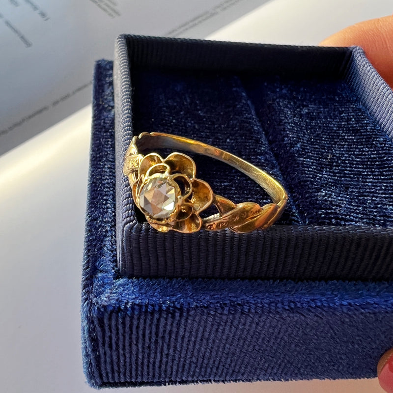 Victorian era 18K gold rose cut diamond rose flower ring