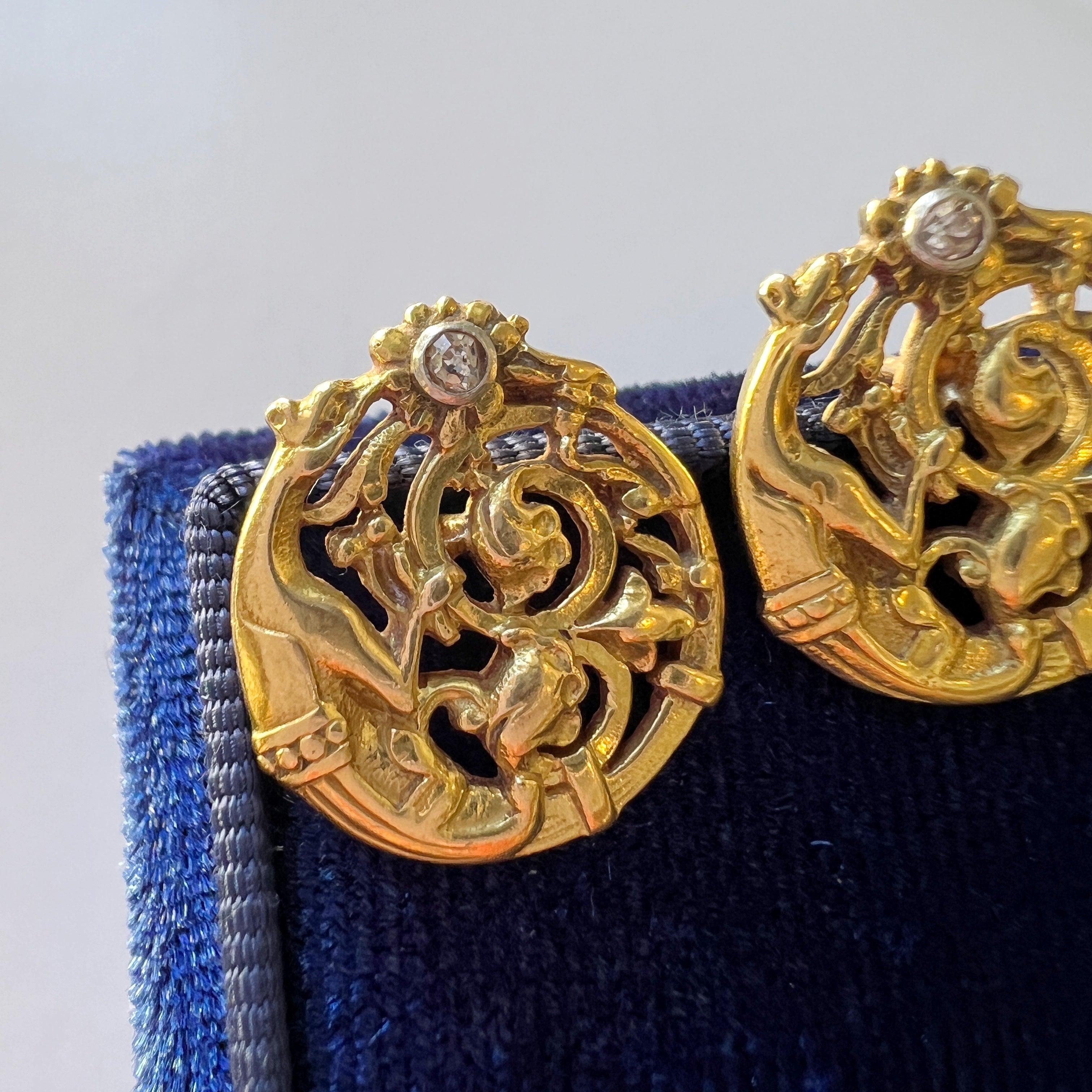 Art Nouveau era 18K diamond Chimera/griffon earrings - Curiously timeless