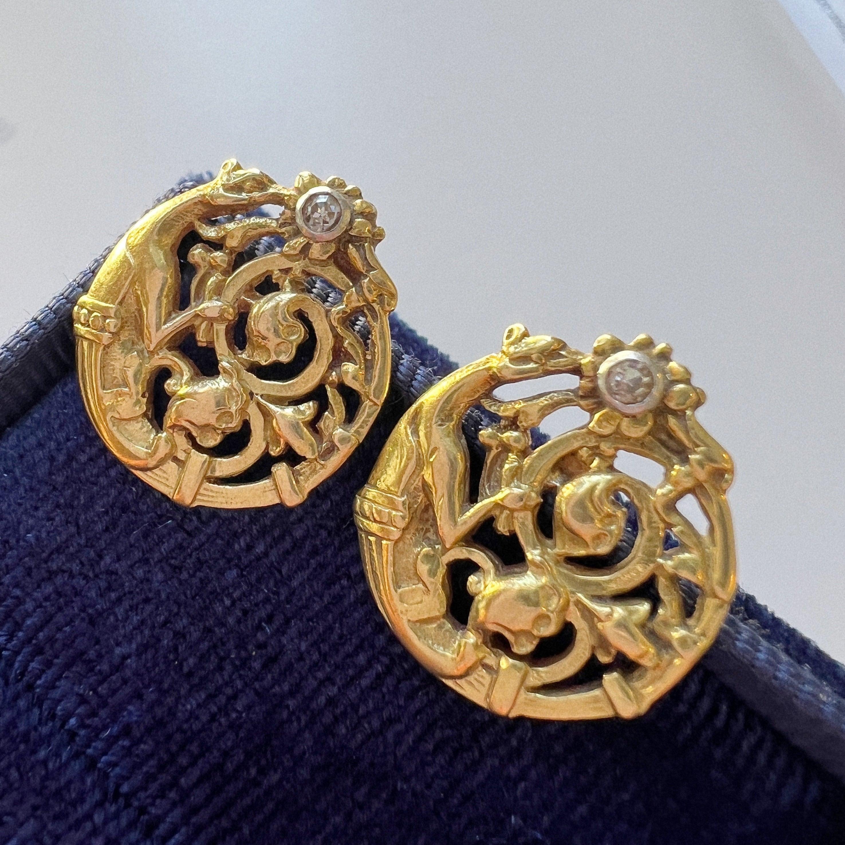 Art Nouveau era 18K diamond Chimera/griffon earrings - Curiously timeless