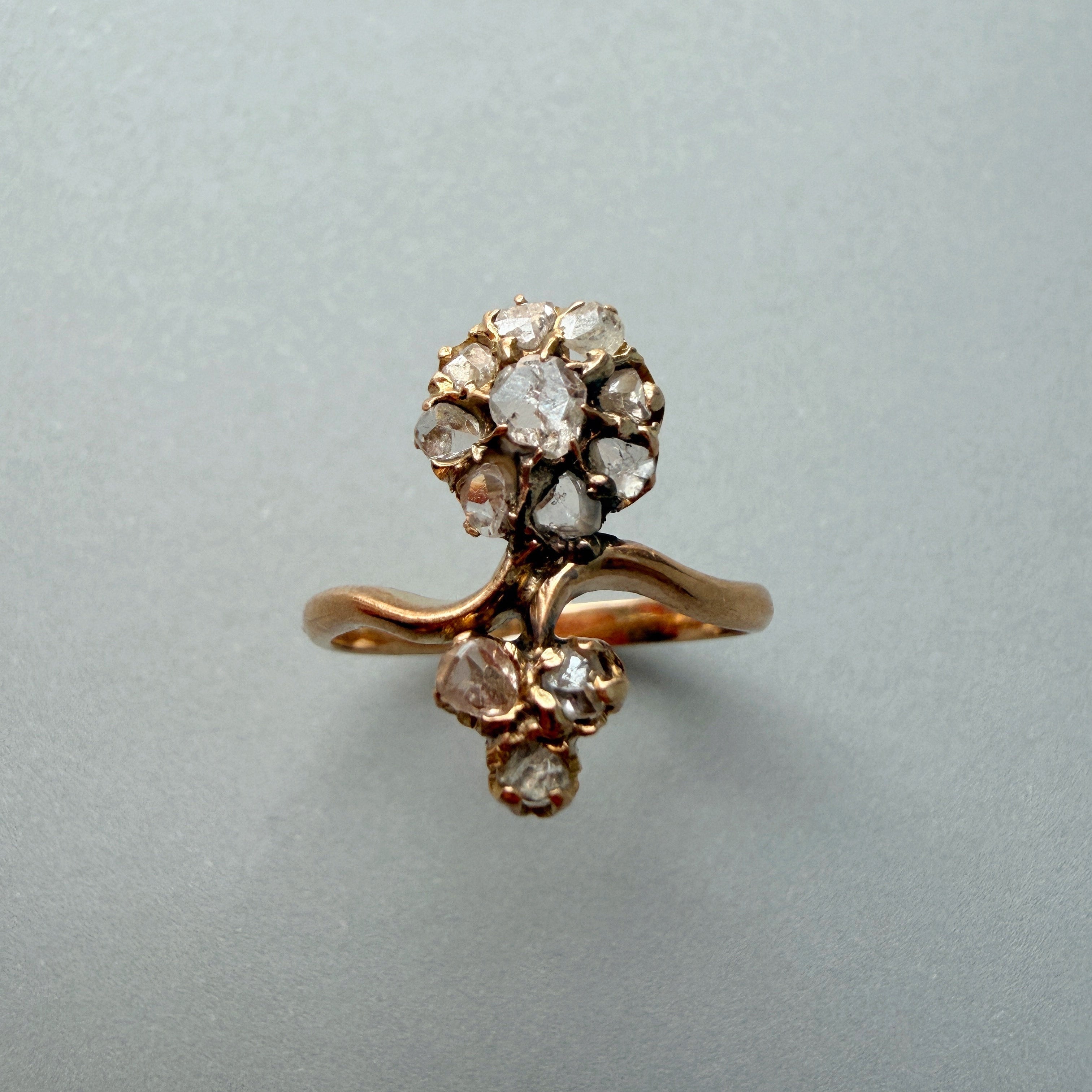 Antique 18K gold rose cut diamond flower ring 