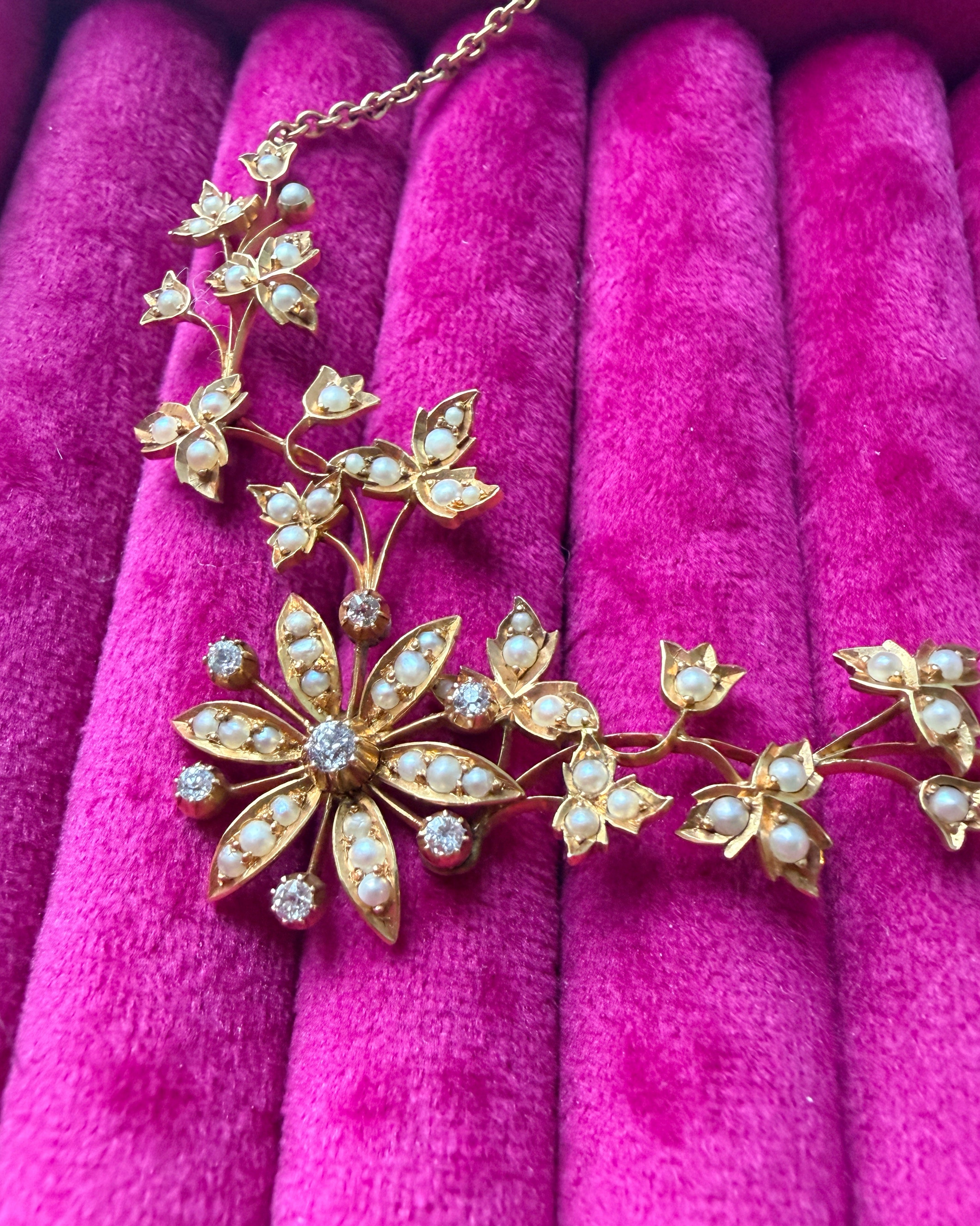 Victorian 14K Gold Diamonds Pearls flower necklace