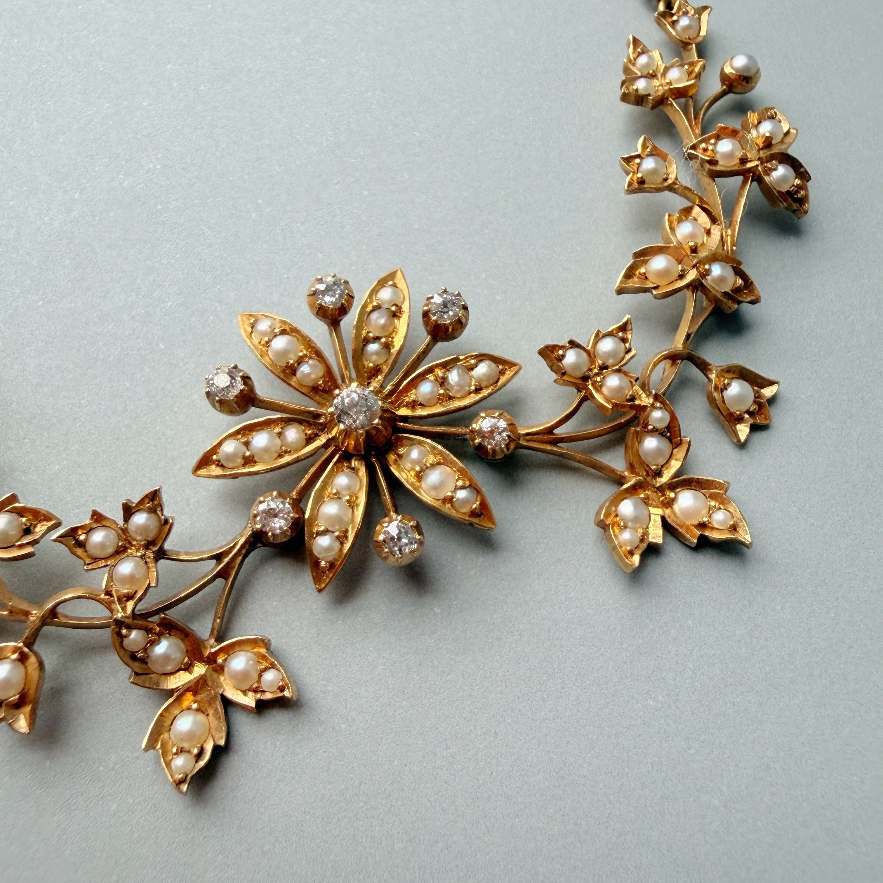 Victorian 14K Gold Diamonds Pearls flower necklace