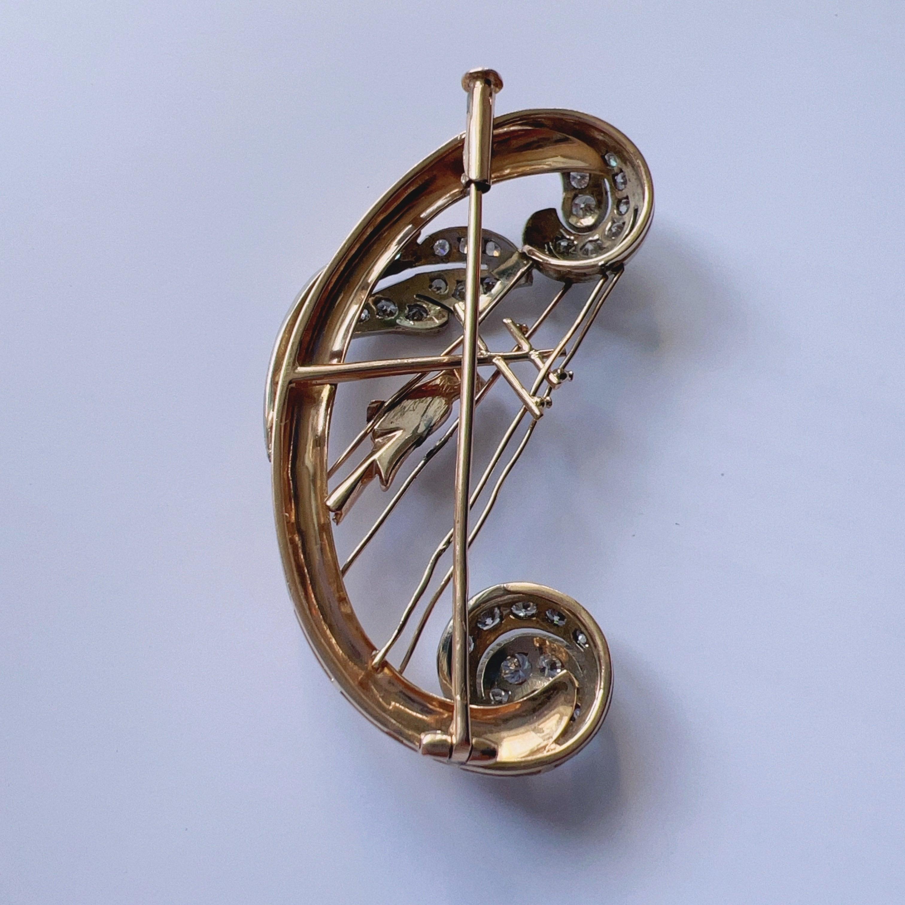 Vintage 18K gold diamond bird singing on a harp brooch - Curiously timeless