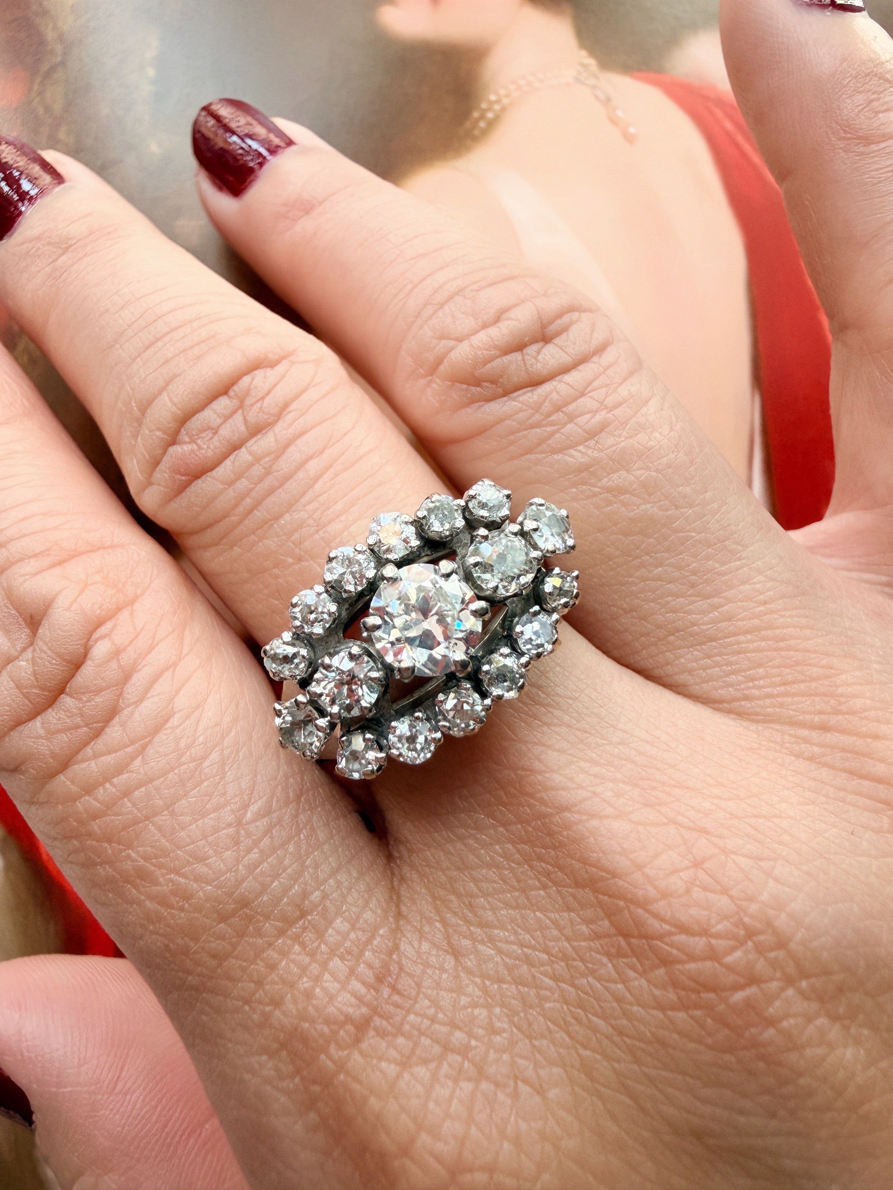 French vintage 18K white gold 2.8ct old cut diamond ring
