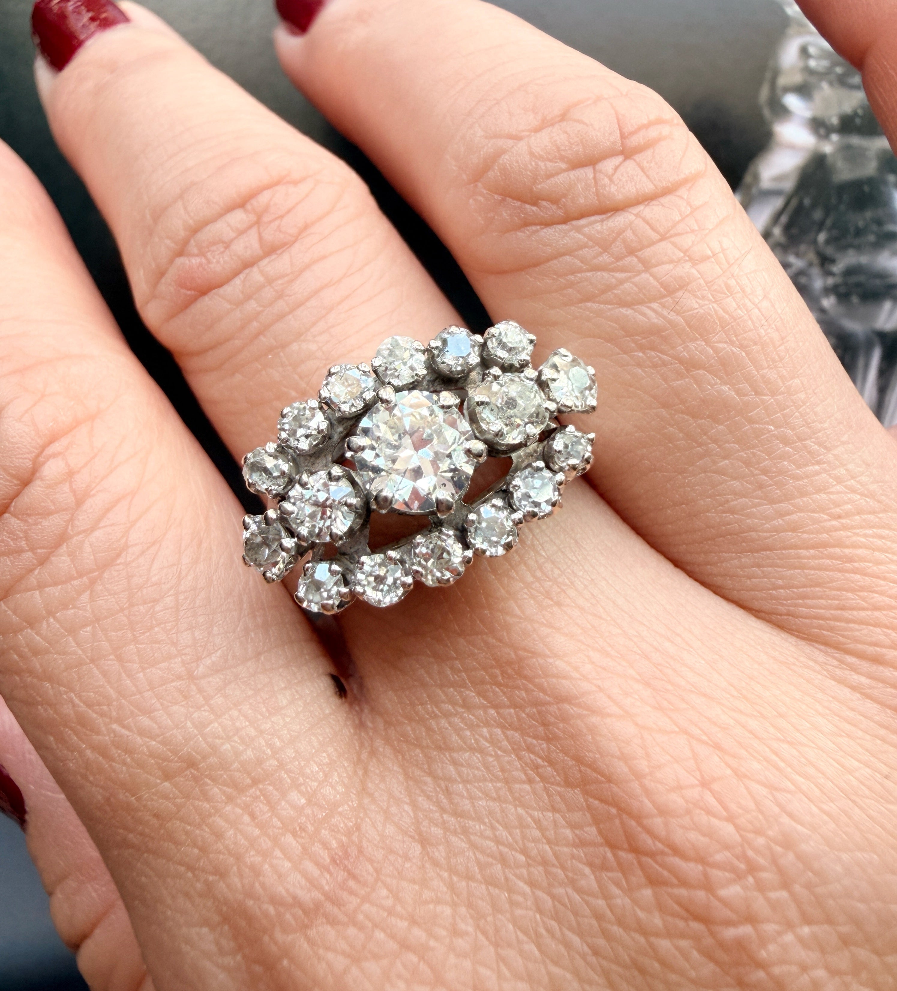 French vintage 18K white gold 2.8ct old cut diamond ring