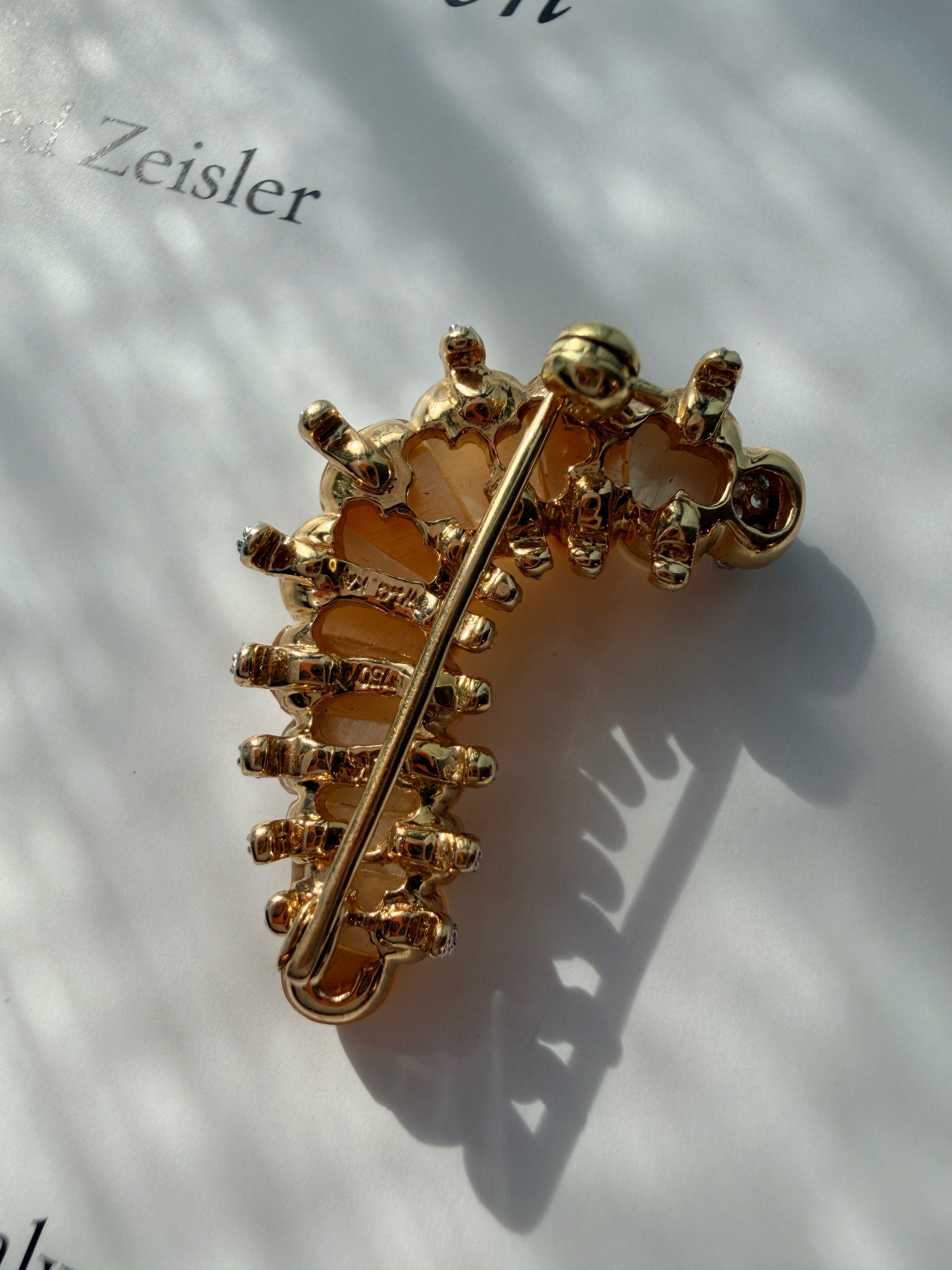 Vintage 18K yellow gold silk worm brooch