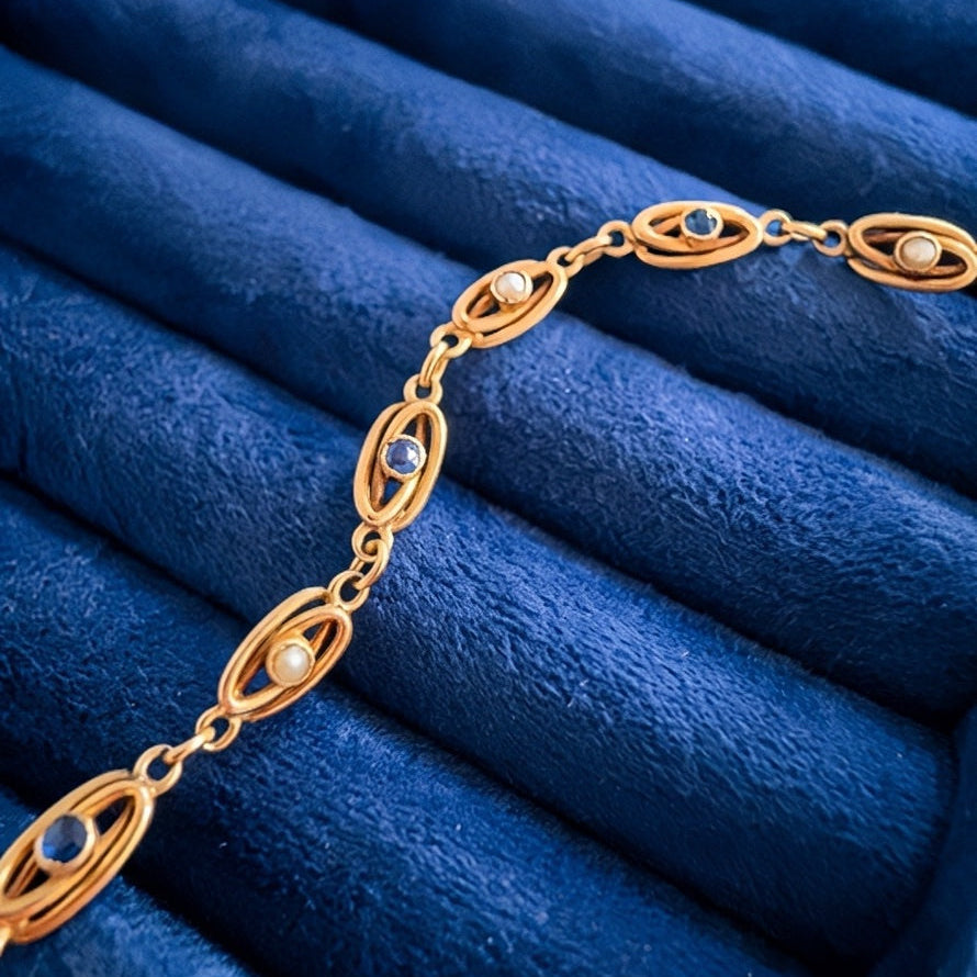 Antique 18k yellow gold blue sapphire pearl link bracelet