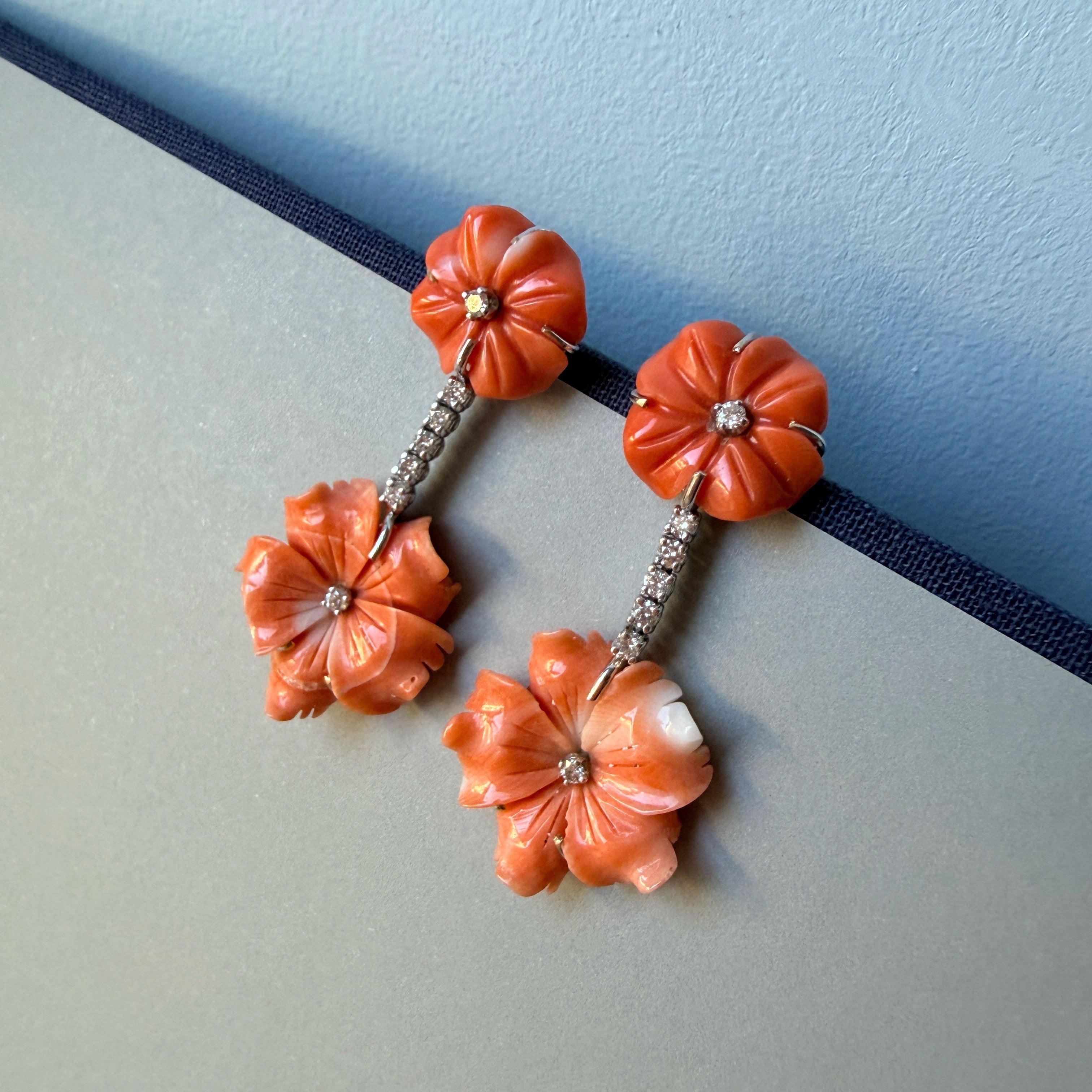 Vintage 18K white gold coral flower drop earrings