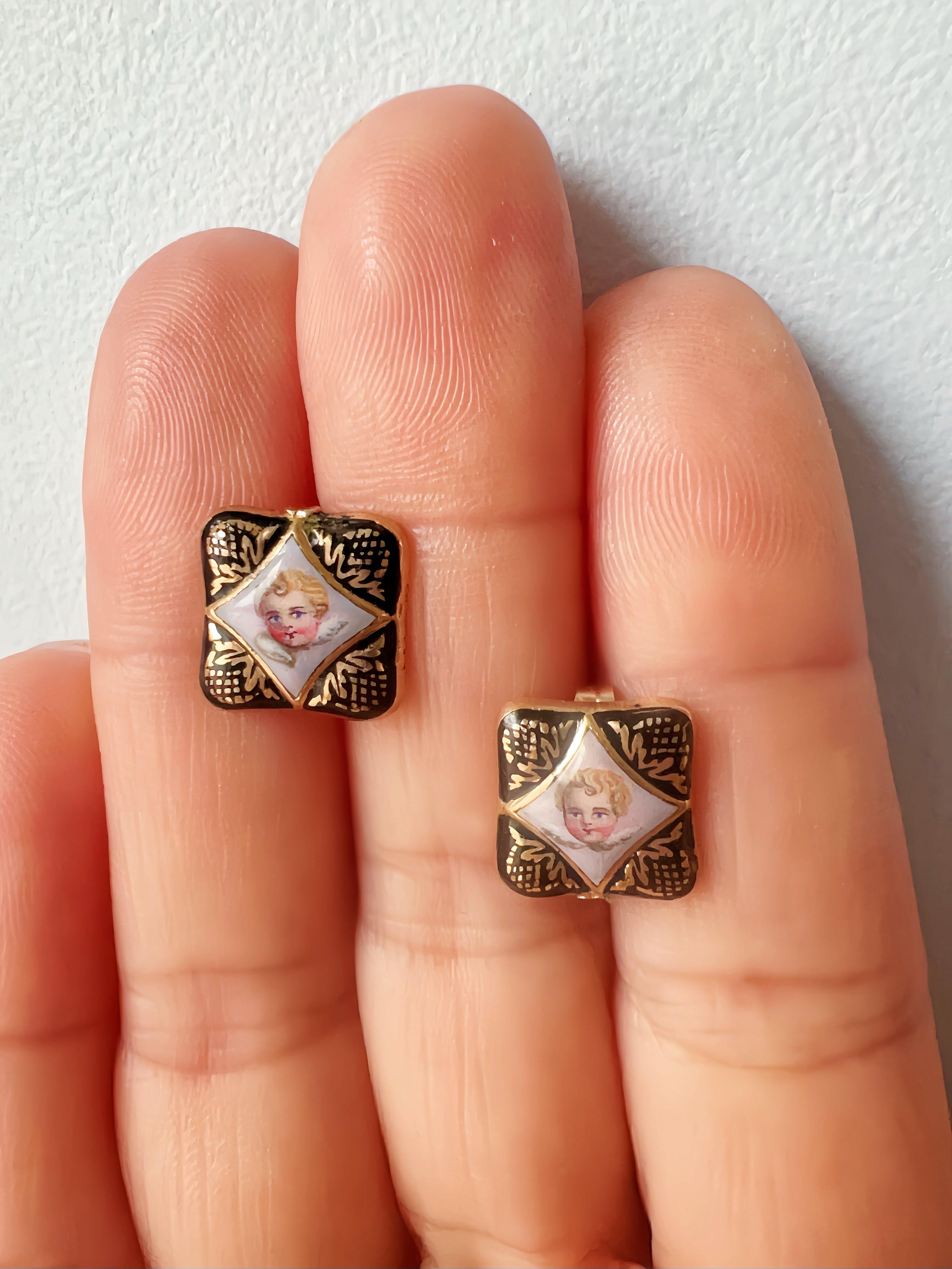 Victorian era gold enameled cherub earrings - Curiously timeless