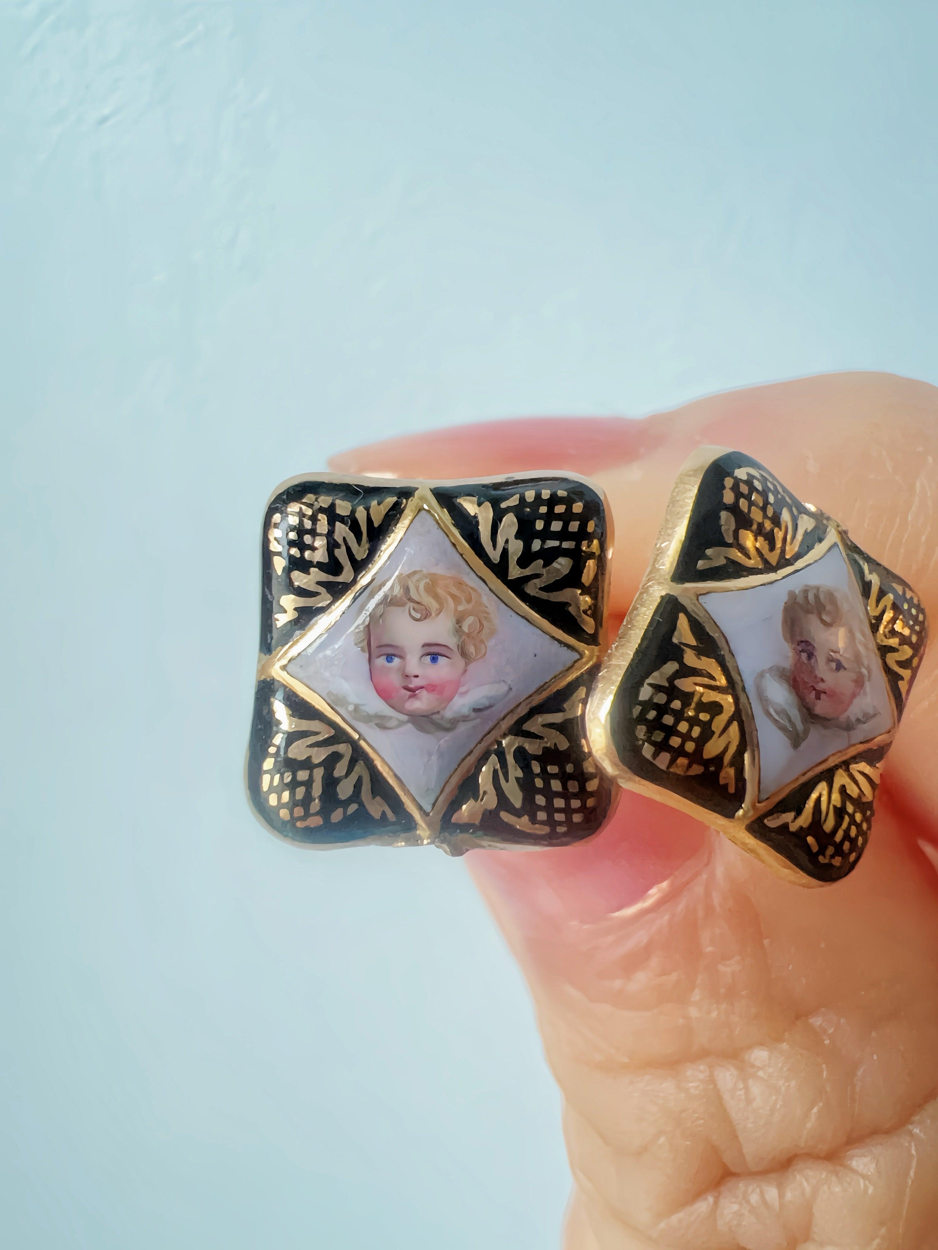 Victorian era gold enameled cherub earrings - Curiously timeless