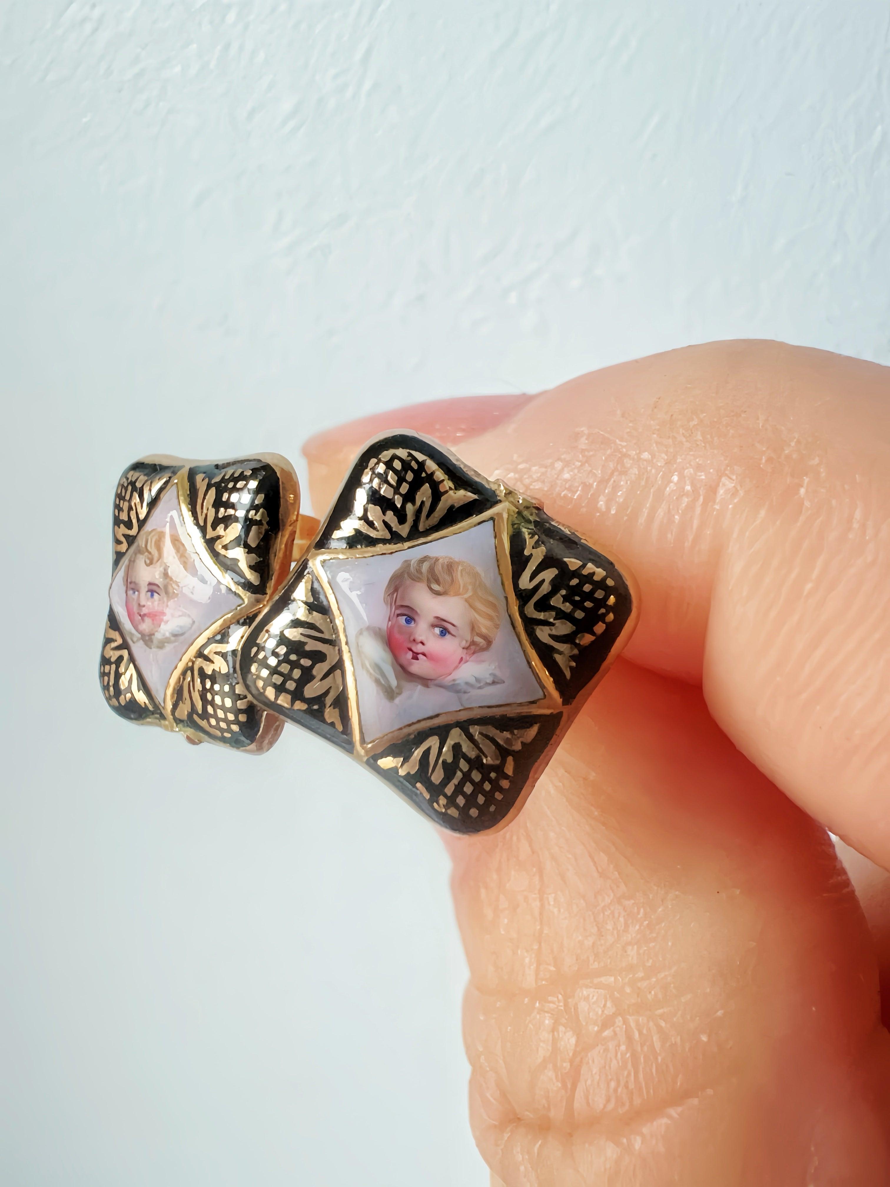 Victorian era gold enameled cherub earrings - Curiously timeless