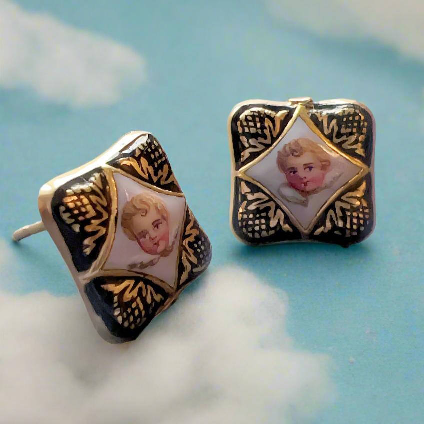 Victorian era gold enameled cherub earrings - Curiously timeless