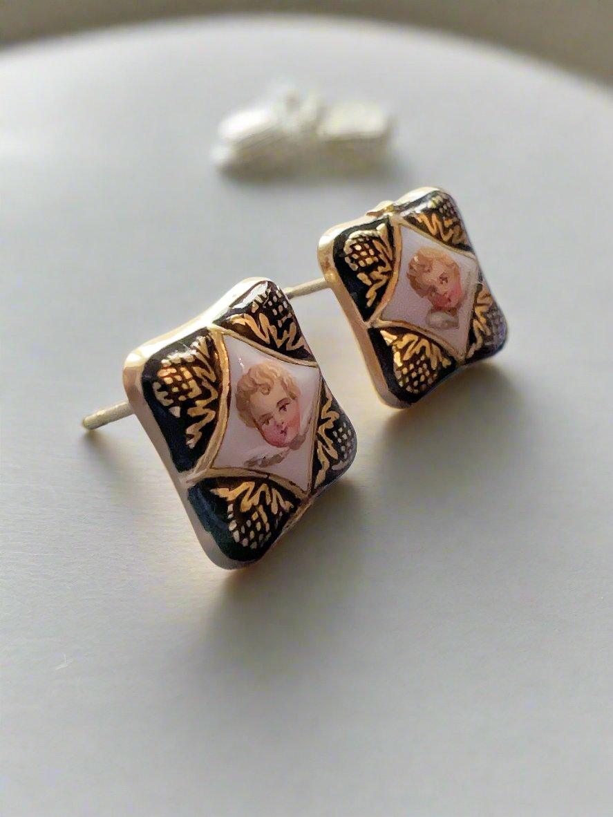 Victorian era gold enameled cherub earrings - Curiously timeless